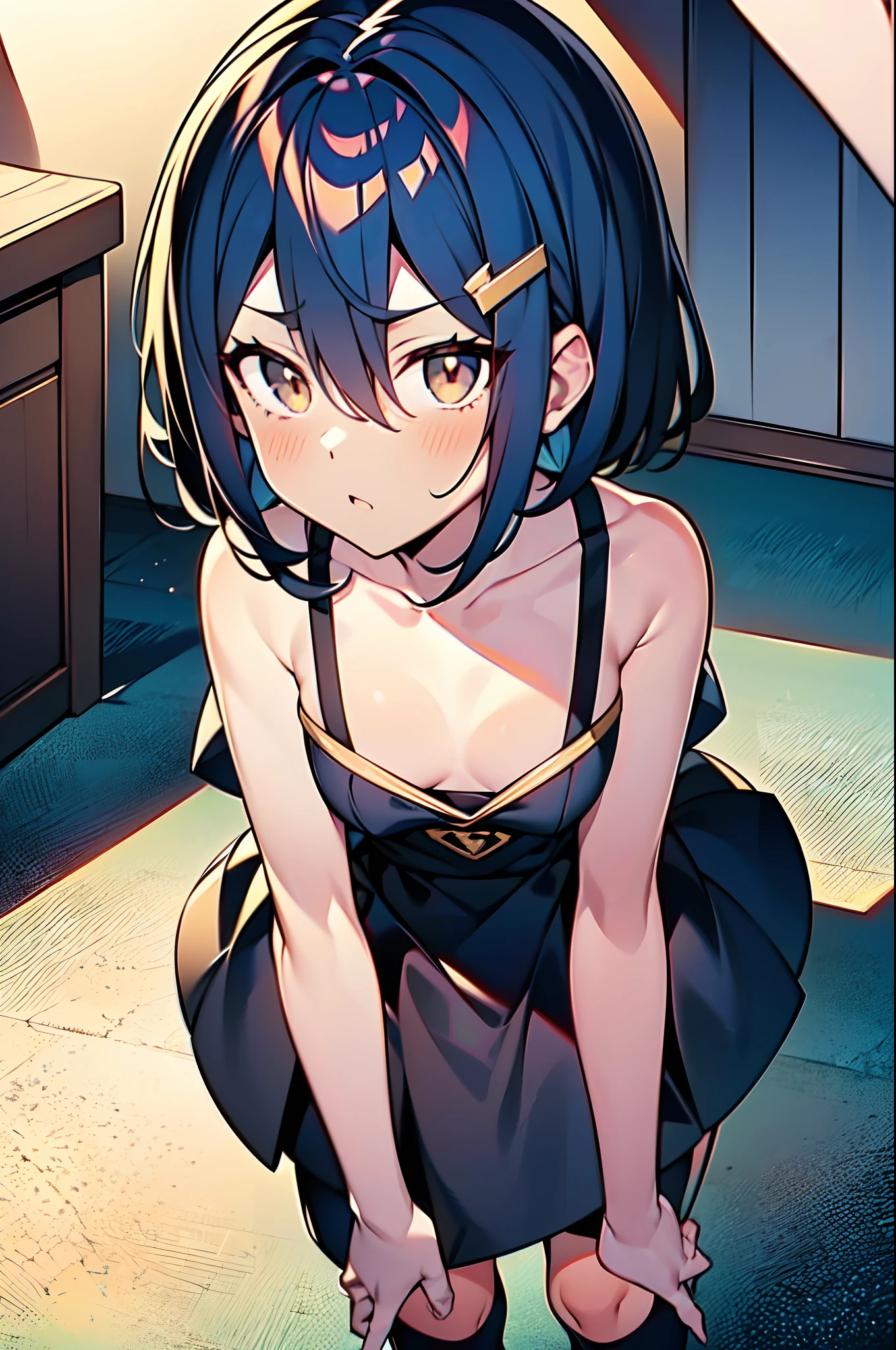 1girl, SHION, dark-blue hair, brown eyes, pixie cut, asymmetric bangs, small brests, Short height, gold hairclip,