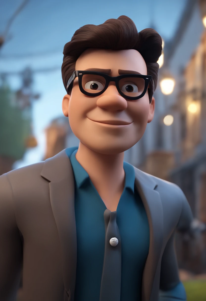 Cartoon character of a man wearing black glasses and a blue shirt, um personagem animado, Caractere estilizado, animation style rendering, 3D estilizado, Arnold Maya render, 3 d render stylized, toon render keyshot, Personagem 3D, Personagem 3D, 3d rendering stylized, 3 d character render, personagem de desenho animado, Personagem de close up, Pose de personagem, (Estilo Pixar) (master part:1.2) (Bokeh) (best quality) (pele detalhada) (textura detalhada) (8k) (argila) (Cinematic lighting) (foco nítido,Senta e vaza a parte superior do corpo
