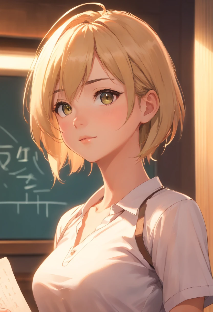 professional, (4k photo:1.1) by (Jeremy Lipking:0.3), (Dittmann Anna:0.3), (Arian Mark:0.3), (Sharp focus:1.3), high detail, wearing (tight shirt:1.2), beautiful detailed face, hazel eyes, short blonde hair, (attractive young woman:1.3), (seductive:1.1), (blushing:1.1), hourglass body shape, natural breasts, wide hips