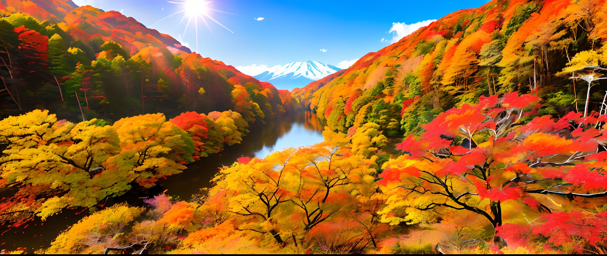 (The ultra -The high-definition、Best Quality、masutepiece、Photo Quality、Real Stick、​masterpiece:1.3)Beautiful Japan scenery captured with a very wide field of view、ropeway、Very beautiful autumn leaves、In fine weather、evening glow