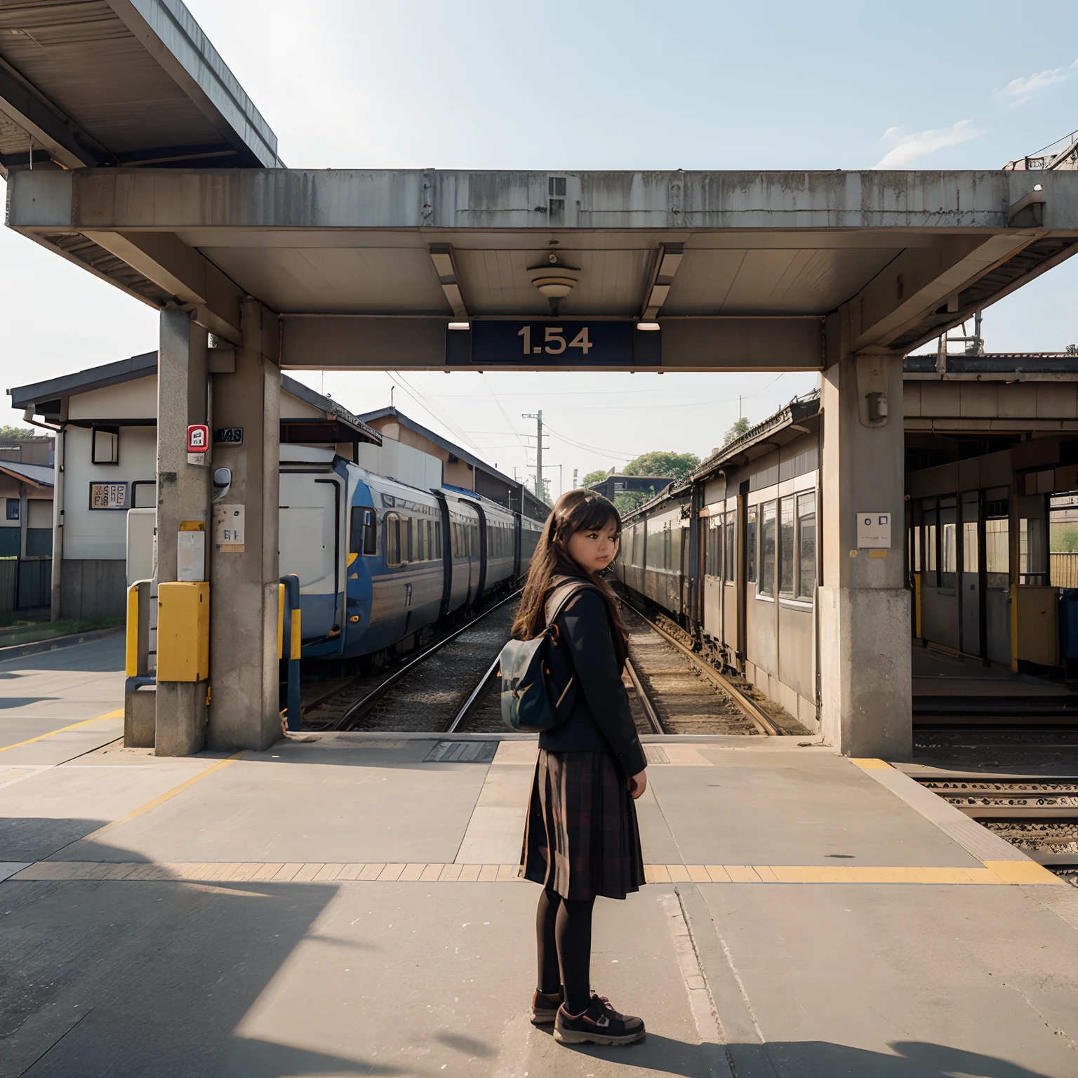 A high school girl is waiting for a train on the platform at the station，In the foreground on the right is the station without a roof.、Lonely Station House、train track、Surrounding countryside