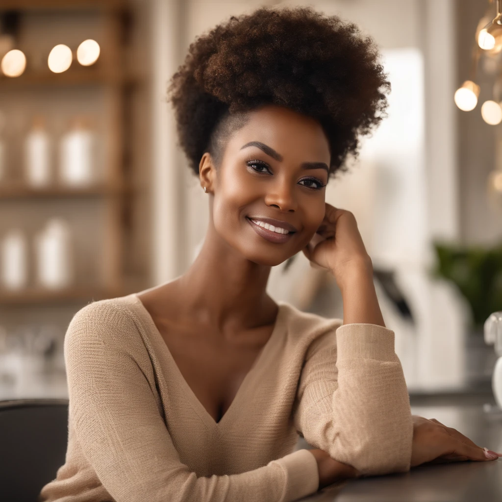 beautiful black woman wearing a light beige sweater (Nail care in a modern beauty salon), very detailed, 37 years old, Innocent face, natural afro-textured curly hair, brown eyes, very high resolution, master piece, best quality, intricate details , highly detailed, Crisp Focus, detailed skin, realistic skin texture, texture, detailed eyes, professional, 4k, charming smile, shot on Canon, 85mm, shallow depth of field, Kodak Vision Color, perfect fit body, extremely detailed , photography_\(Ultra\), photorealistic, Realistic, Post-processing, maximum details, roughness, real life, Ultra realistic, photorealism, photography, 8k UHD, photography, work, office. full body image, realistic, well-groomed hand