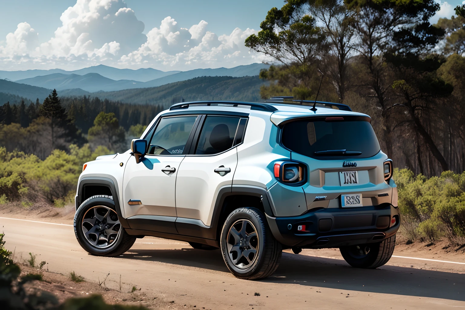 Jeep renegade prata, faixa azul, grande angular, obra-prima, premiado, estacionado em uma estrada, Trees in the background, natural lightting, clouded skies, floresta, foco nítido, detalhes suaves e intrincados, papel de parede 8k, trending in the artstation, logotipo Garagem 68