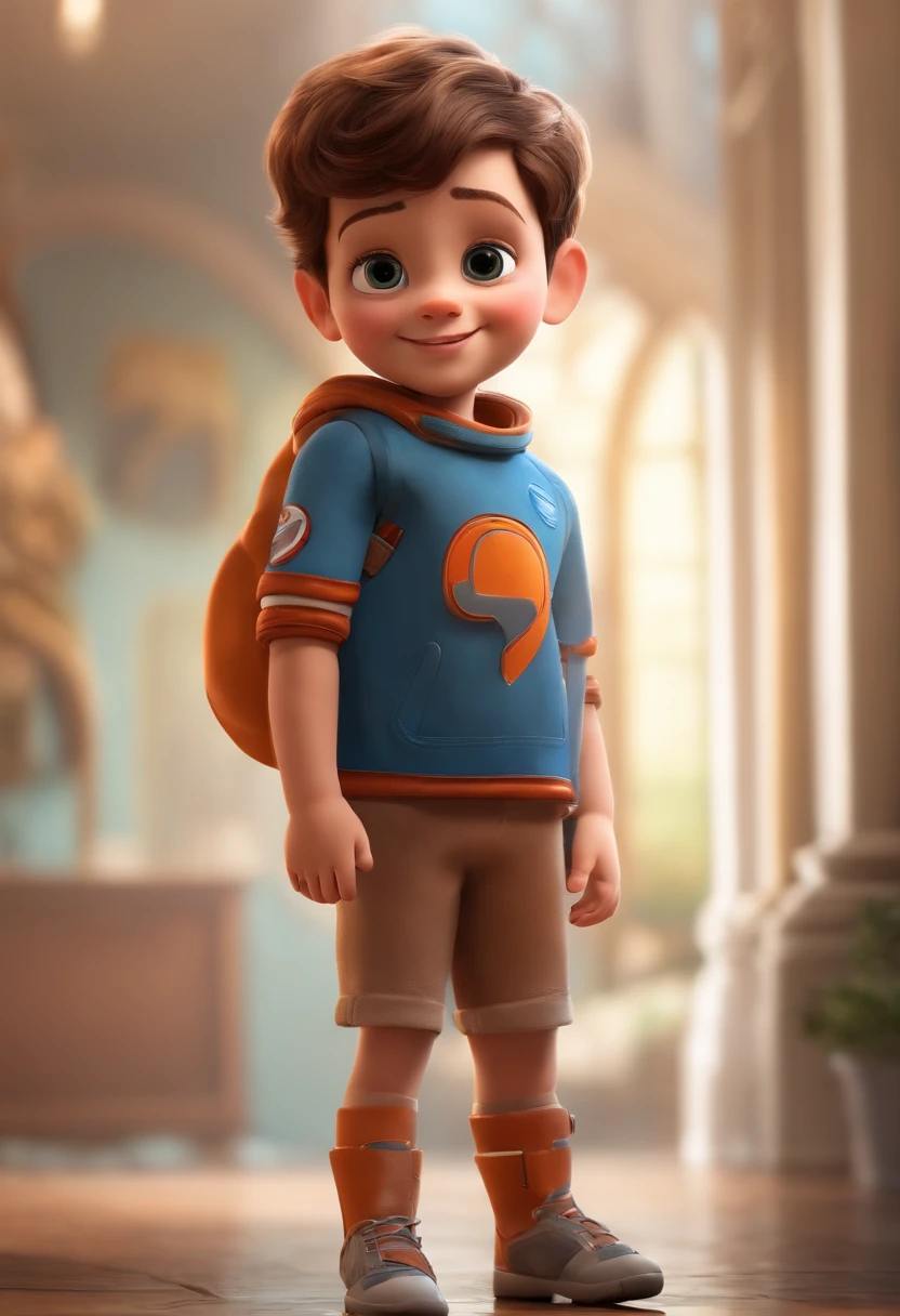 a happy cute kid standing short hair, vestindo uma fantasia espacial, , fundo branco, barnet, tom, Estilo Pixar, ..3d, desenhos animados, rosto detalhado, asymmetrical 16k