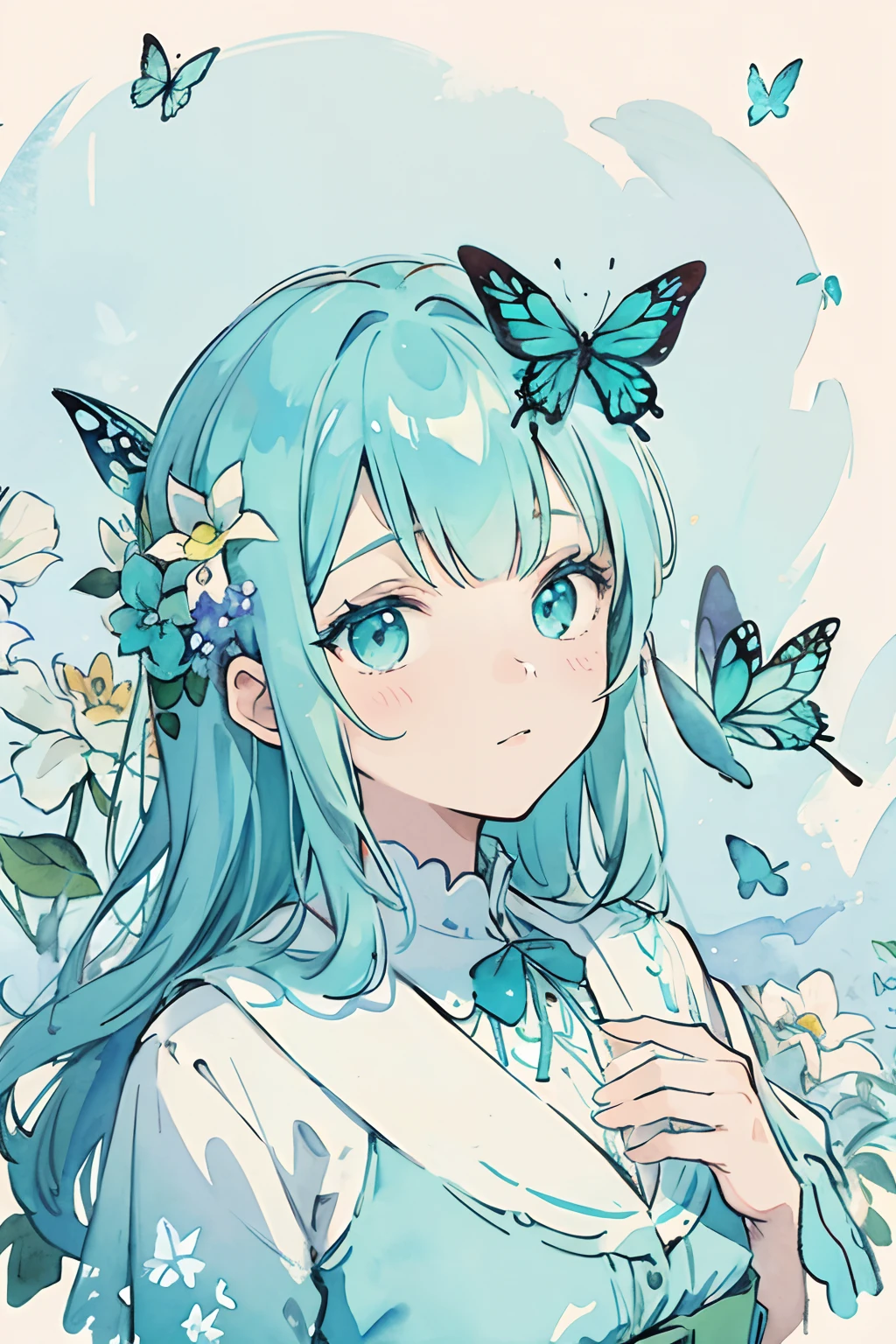 Painting in watercolor of flowers with ((cyan:1.2)) butterflies, #00FFFF