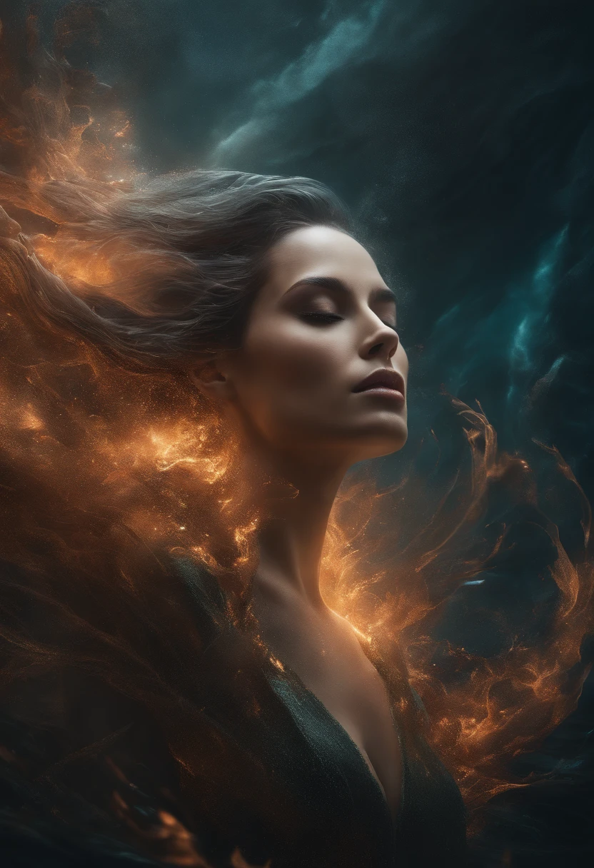 Estilo de disparo do modelo, (extremamente detalhado unidade 8k CG wallpaper), A chaotic storm of intricate liquid smoke in the head, Retrato abstrato de beleza estilizada de corpo inteiro, pele molhada, Petros Afshar Reports, Tran Ross, Tom Baleia, Pedro Mohrbacher, germe da arte, vidro quebrado, ((bubbly underwater scenery)) Highly detailed rendering of octane radiation light, Woman, Constellation of Aries,Pele rosa