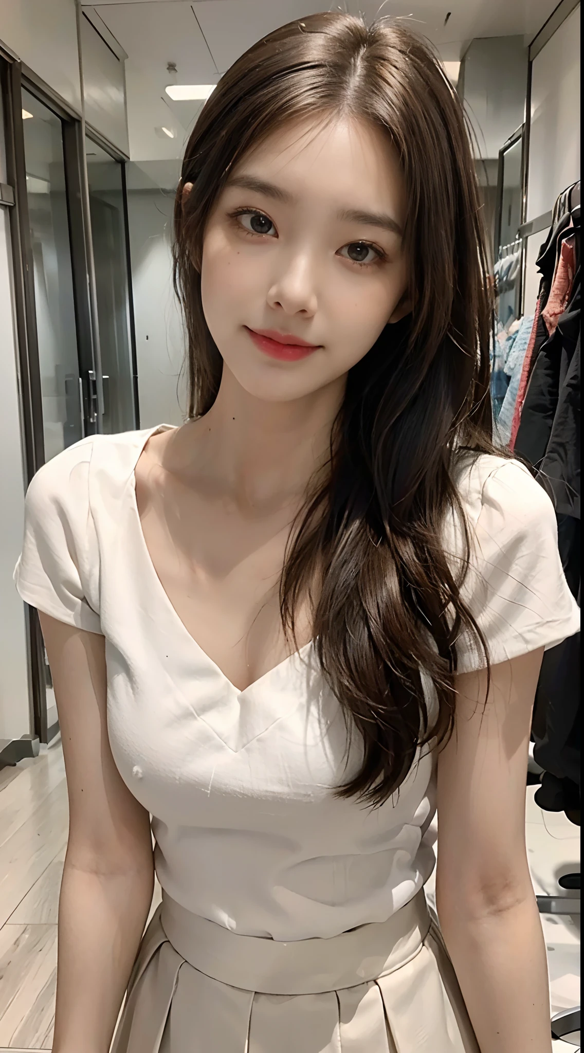 ((The highest image quality, 8K, tmasterpiece: 1.3)), Self-shot, Sharp Focus: 1.2, Cute beauty with perfect figure: 1.4, slim, ((Brown hair black)) , (white tee,pleatedskirt,Highly detailed face,Happy expression,standing on your feet:1.2),((Blue Sky City 1.3. Produced mainly by women)),Highly detailed facial and skin texture,Detailed eyes,二重まぶた,Delicate skin,realskin