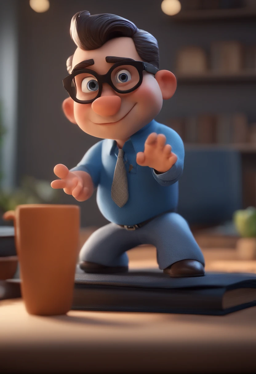 Cartoon character of a man with black glasses and a blue shirt, animation character, Caractere estilizado, animation style rendering, 3D estilizado, Arnold Maya render, 3 d render stylized, toon render keyshot, Personagem 3D, Personagem 3D, 3d rendering stylized, 3 d character render, personagem de desenho animado, Personagem de close up, Pose de personagem, (Estilo Pixar) (master part:1.2) (Bokeh) (best quality) (pele detalhada) (textura detalhada) (8k) (argila) (Cinematic lighting) (foco nítido