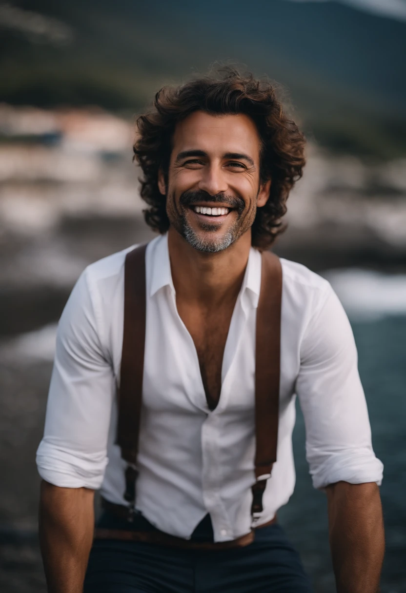 Homem de 42 anos moreno, alto, sorridente m, cabelo com um topete na frente, com roupa de executivo