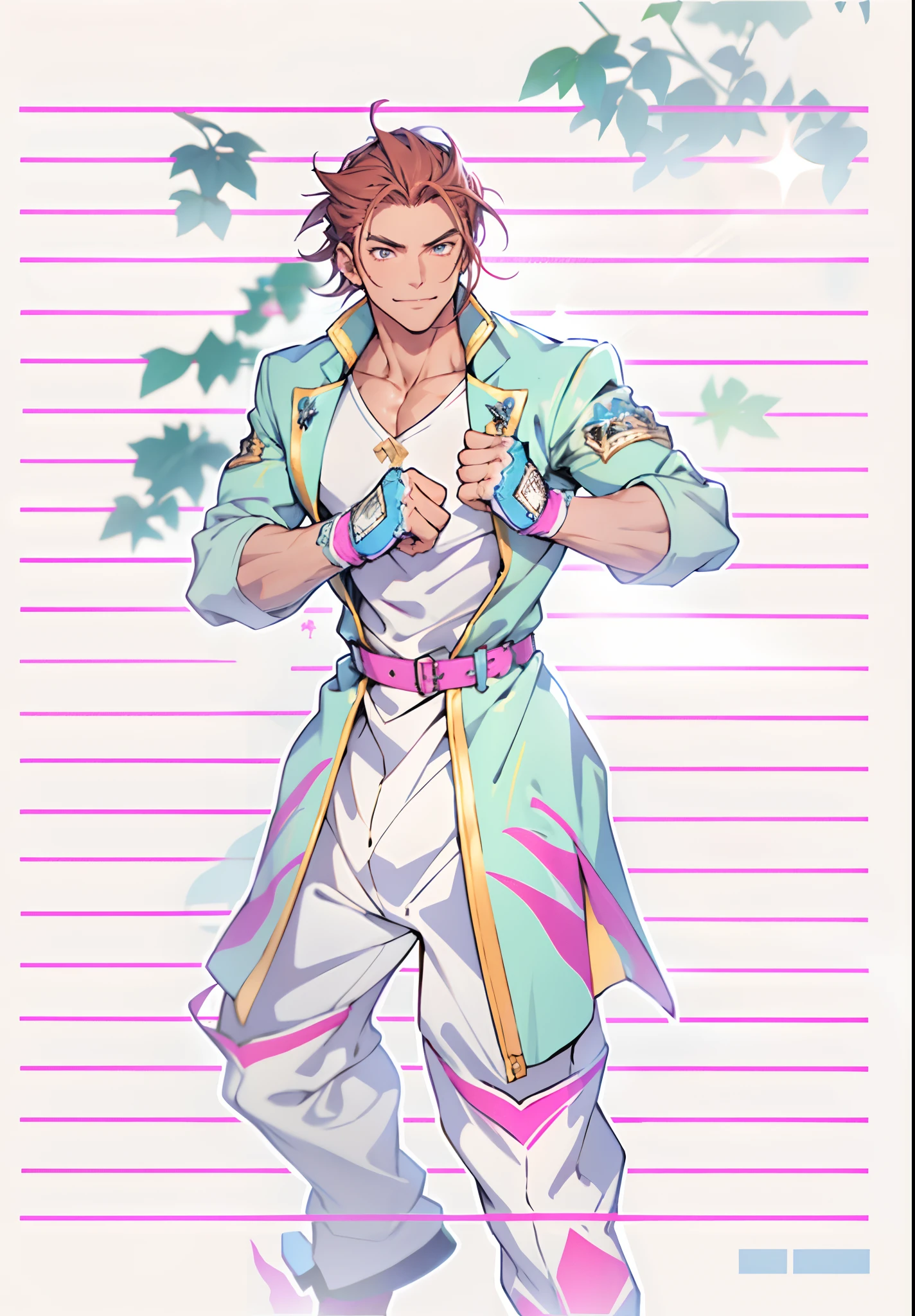 A young man, auburn hair, a center-parted back hairstyle, dark skin, narrow eyes, a cunning smile, a two-piece fantasy-reality style outfit, a white undershirt, a dark formal-style coat, wearing gloves, matching trousers with the outfit, has metallic-adorned knee-high boots, striking a boxing pose, against a background of horizon, this character embodies a finely crafted fantasy-reality style fighter in anime style, characterized by an exquisite and mature manga illustration art style, high definition, best quality, highres, ultra-detailed, ultra-fine painting, extremely delicate, professional, anatomically correct, symmetrical face, extremely detailed eyes and face, high quality eyes, creativity, RAW photo, UHD, 8k, Natural light, cinematic lighting, masterpiece-anatomy-perfect, masterpiece:1.5
