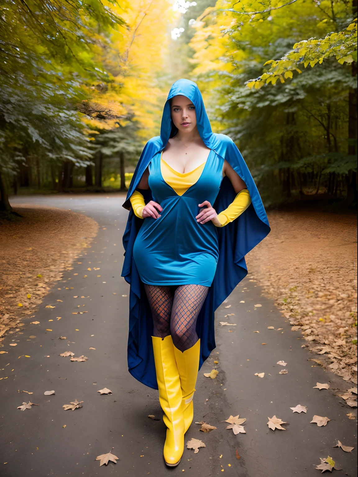 ultra-realistic photo of Angela White (21 years old, Enigmatic blue eyes) | Hooded dress with yellow cape (Inspired by the film The Village)(sexy look) | in a temperate forest (Nature, outdoors, trees. Leaves) | artificial lighting, True colors, soft shadows, intricate details ((.HDR))
