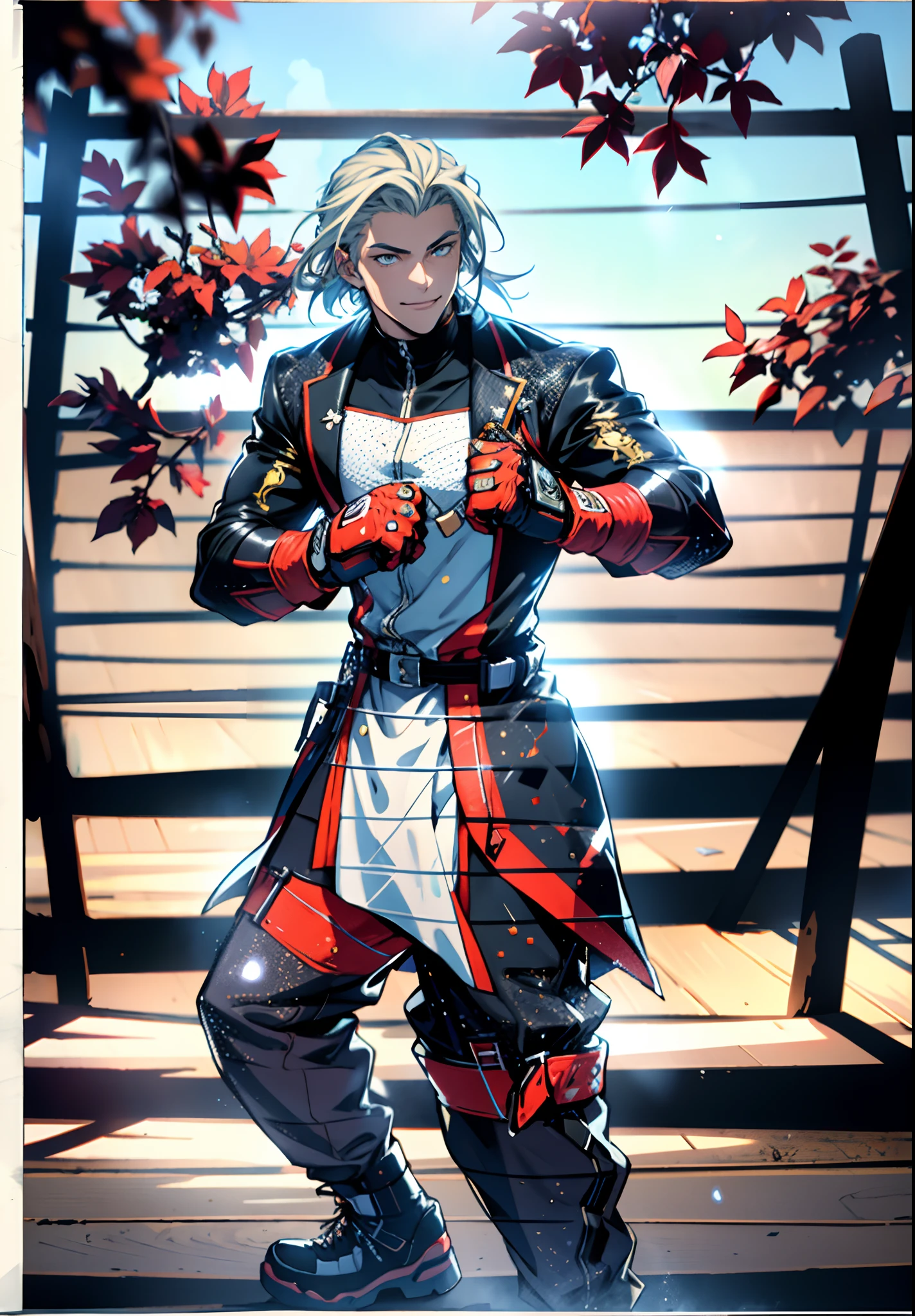 A young man, auburn hair, a center-parted back hairstyle, dark skin, narrow eyes, a cunning smile, a two-piece fantasy-reality style outfit, a white undershirt, a dark formal-style coat, wearing gloves, matching trousers with the outfit, has metallic-adorned knee-high boots, striking a boxing pose, against a background of horizon, this character embodies a finely crafted fantasy-reality style fighter in anime style, characterized by an exquisite and mature manga illustration art style, high definition, best quality, highres, ultra-detailed, ultra-fine painting, extremely delicate, professional, anatomically correct, symmetrical face, extremely detailed eyes and face, high quality eyes, creativity, RAW photo, UHD, 8k, Natural light, cinematic lighting, masterpiece-anatomy-perfect, masterpiece:1.5
