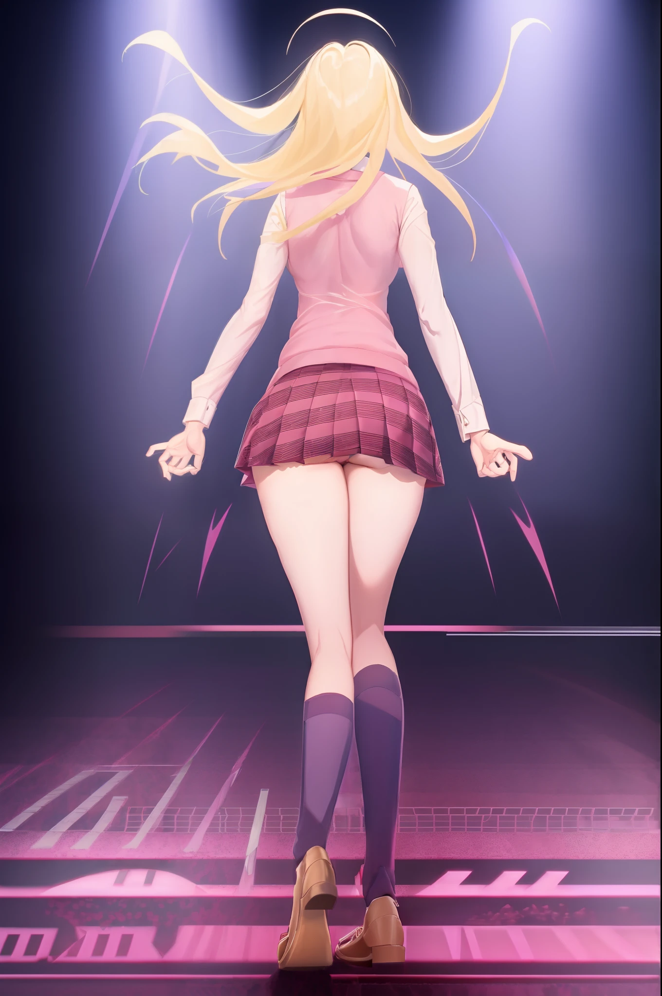 Masterpiece, Best Quality, KaedeDG, (1girl:1.4), necktie, sweater vest, breasts, shirt, long sleeves, solo, beamed eighth notes, white shirt, collared shirt, medium breasts, school uniform, (wind lift:0.8), (panties:0.8), (pretty butt:0.9), smile, solo, (from behind:1.5), (from below:0.8), (Full body:1.5)
