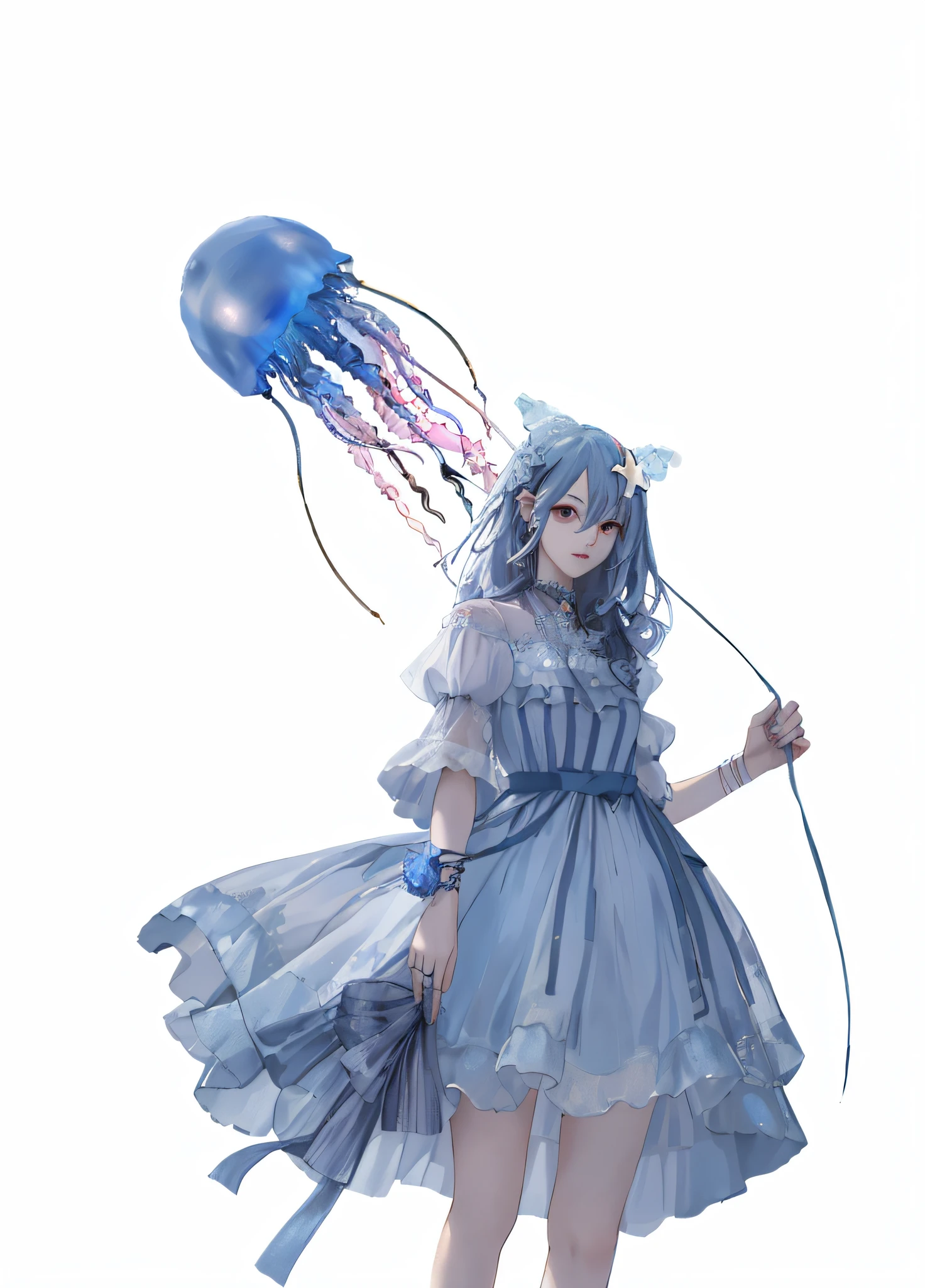 There is a woman in a dress holding a jellyfish balloon, jellyfish priestess, jellyfish shrine maiden, Guviz, jellyfish headdress, Guviz-style artwork, blue transparent jelly, Guweiz in Pixiv ArtStation, blue jellyfish, Guweiz on ArtStation Pixiv, cyberpunk jellyfish, jellyfish god, jellyfish elements