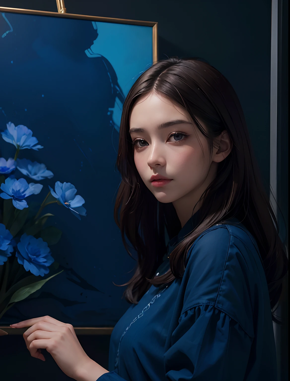 A beautiful woman stares at a painting of blue flowers with a serious expression. Dark brown hair. modern clothing. Room a little dim. 8K image quality.