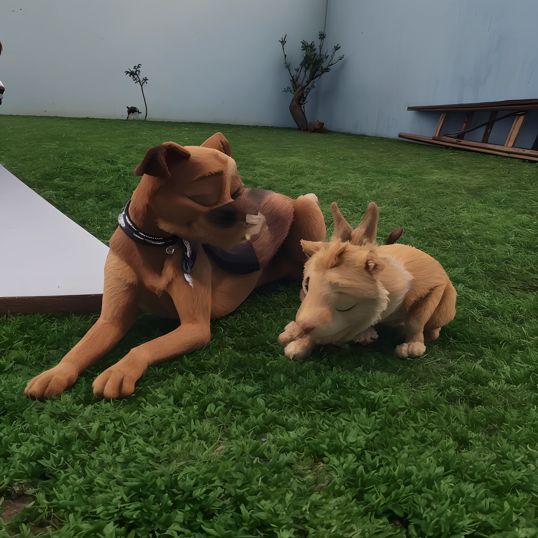 Cachorro e seu amigo coelho brincando no gramado.