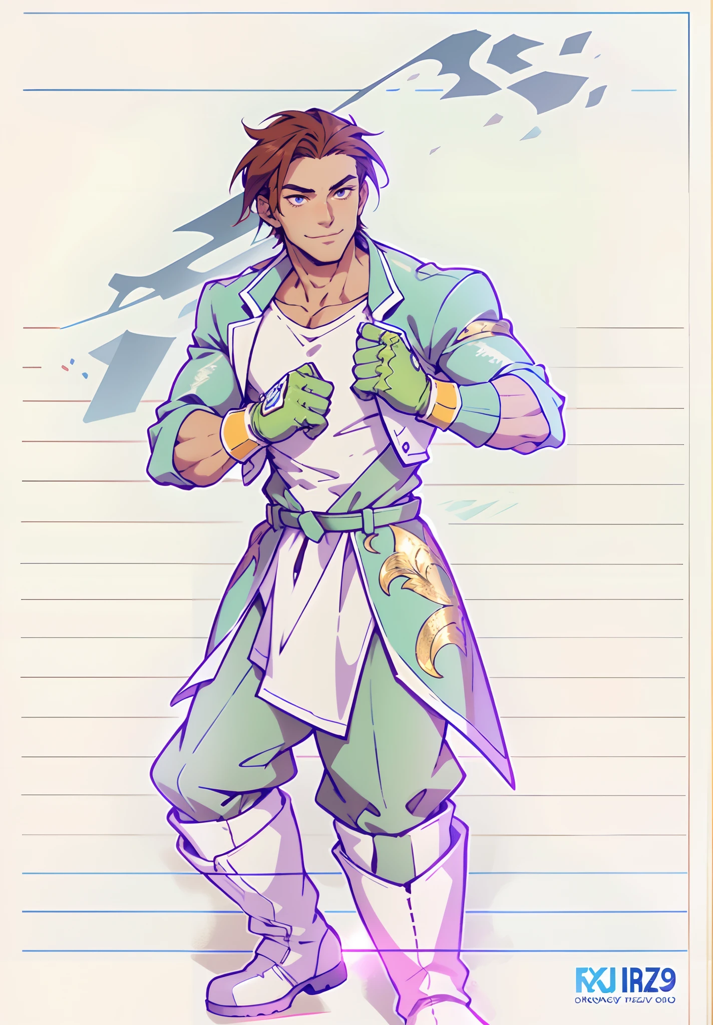 A young man, auburn hair, a center-parted back hairstyle, dark skin, narrow eyes, a cunning smile, a two-piece fantasy-reality style outfit, a white undershirt, a dark formal-style coat, wearing gloves, matching trousers with the outfit, has metallic-adorned knee-high boots, striking a boxing pose, against a background of horizon, this character embodies a finely crafted fantasy-reality style fighter in anime style, characterized by an exquisite and mature manga illustration art style, high definition, best quality, highres, ultra-detailed, ultra-fine painting, extremely delicate, professional, anatomically correct, symmetrical face, extremely detailed eyes and face, high quality eyes, creativity, RAW photo, UHD, 8k, Natural light, cinematic lighting, masterpiece-anatomy-perfect, masterpiece:1.5