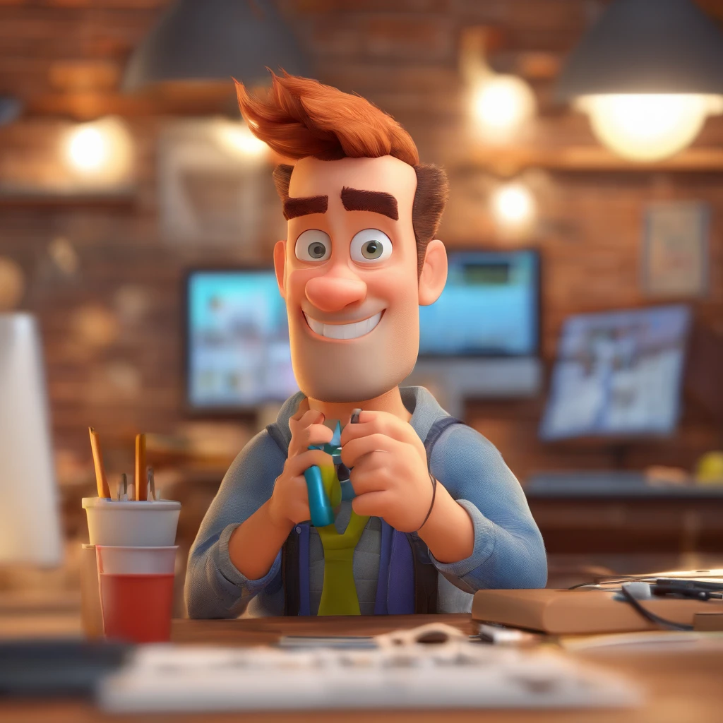 Criar um personagem no estilo Pixar. Trata-se de um homem de 30 anos, com barba, Branco, com cabelos castanhos curtos e um quiff, e olhos castanhos. Ele deve estar na frente de um computador, Trabalhar como designer