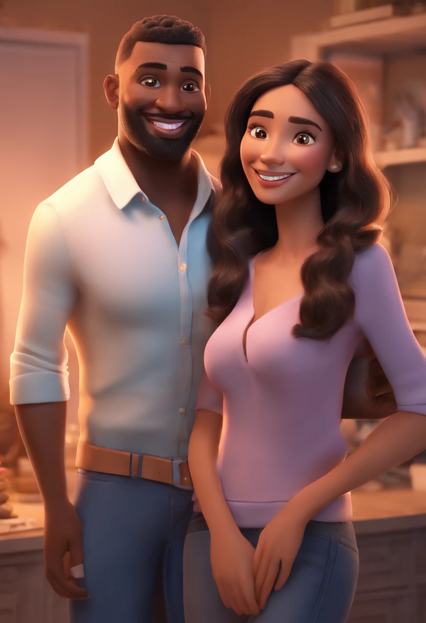 An illustration of an adorable couple, Highlight for a black man, the bald bearded smiling and a brunette woman with beautiful expressive eyes - the man's skin is black and the man's hairless , while the woman's skin is black and the woman's hair is wavy and brown. They are a bright room, cada um com um sorriso no rosto, e compartilhar um momento especial caracterizado pelo amor, Insights. Illustrate this scene from a perspective where they are facing the camera, Smiling and Showing Your Connection. Desenvolva esta arte em Full HD, Focus on your cinematic touch, Estilo Disney Pixar Animations