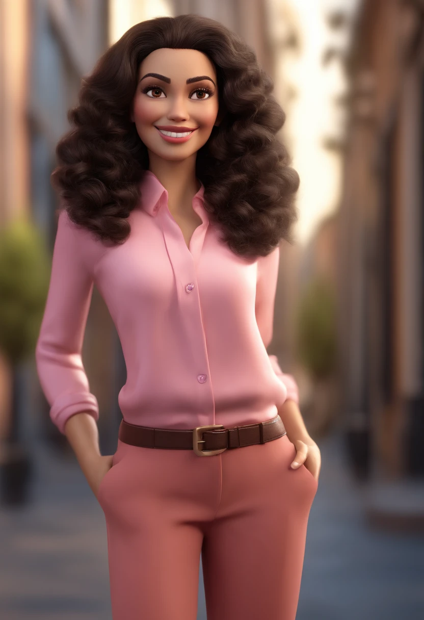 Cartoon character of a woman with black curly hair and a pink shirt, black tailored pants, black eyes and smiling, animation character, Caractere estilizado, animation style rendering, 3D estilizado, Arnold Maya render, 3 d render stylized, toon render keyshot, Personagem 3D, Personagem 3D, 3d rendering stylized, 3 d character render, personagem de desenho animado, Personagem de close up, Pose de personagem, (Estilo Pixar) (master part:1.2) (Bokeh) (best quality) (pele detalhada) (textura detalhada) (8k) (argila) (Cinematic lighting) (foco nítido