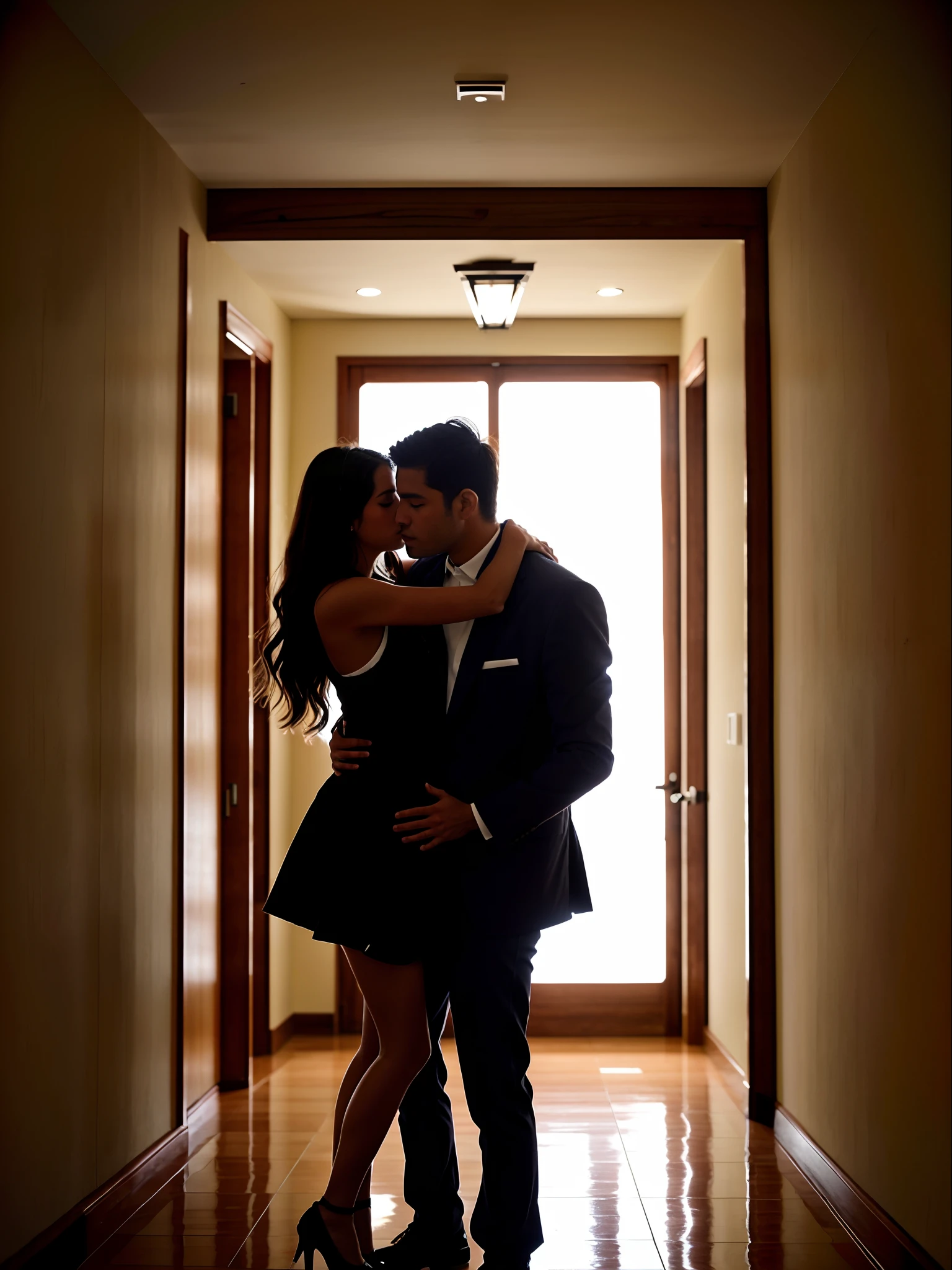 There's a man and a girl hugging each other in a hallway, with a kid, Jose Miguel Romano Francisca, Directed by: Nandor Soldier, imagem de qualidade muito baixa, Directed by: David Ruby, andres rios, Fotografia selfie 8k, david rios ferreira, Alarcon Cartunista, Rosemary Ressendi, Foto realista, papai, Miguel Anjo