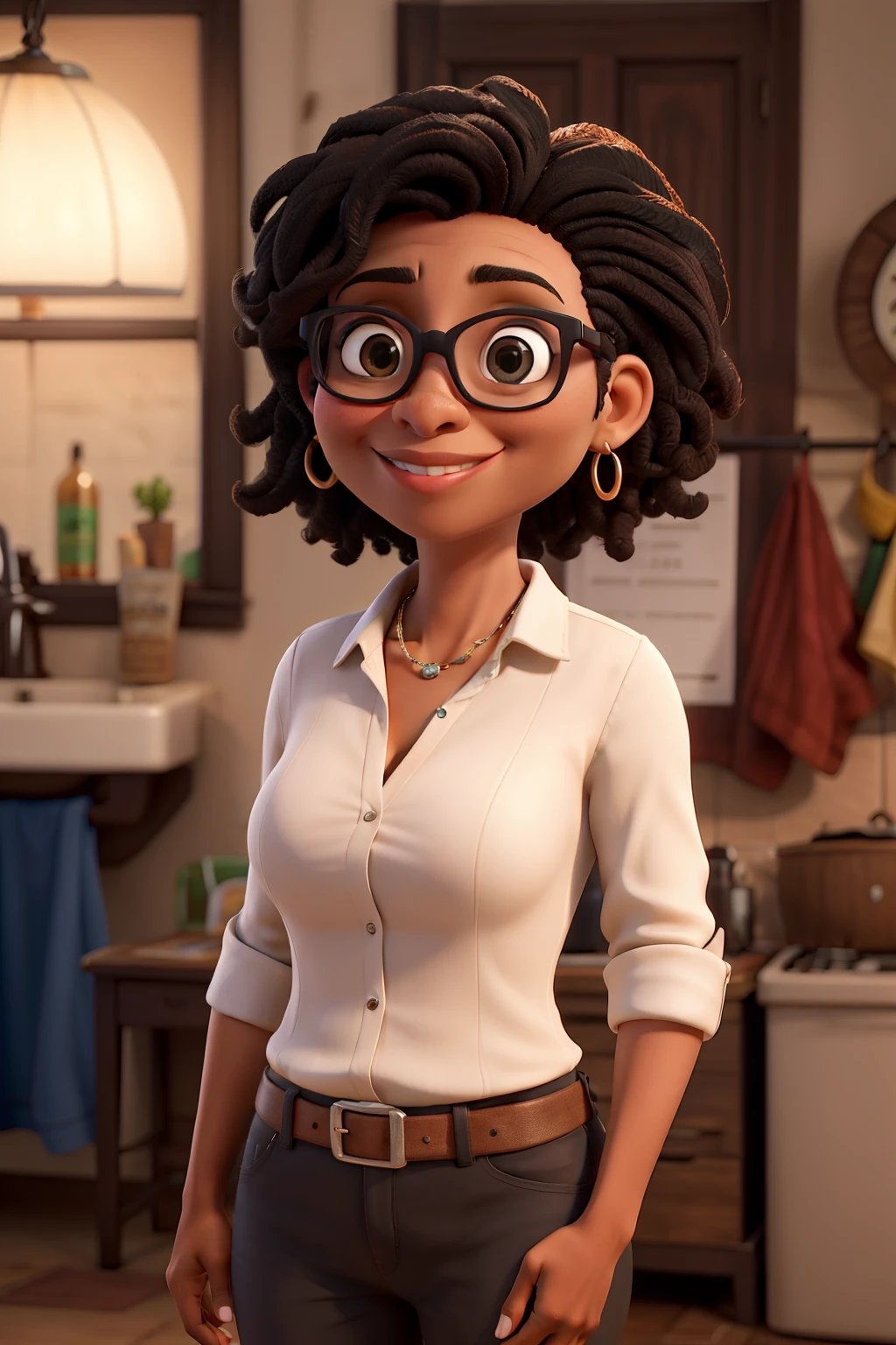 cabelos castanhos cacheados claros, modern glasses,olhar misterioso,Mulher negra, pele preta, olhar misterioso