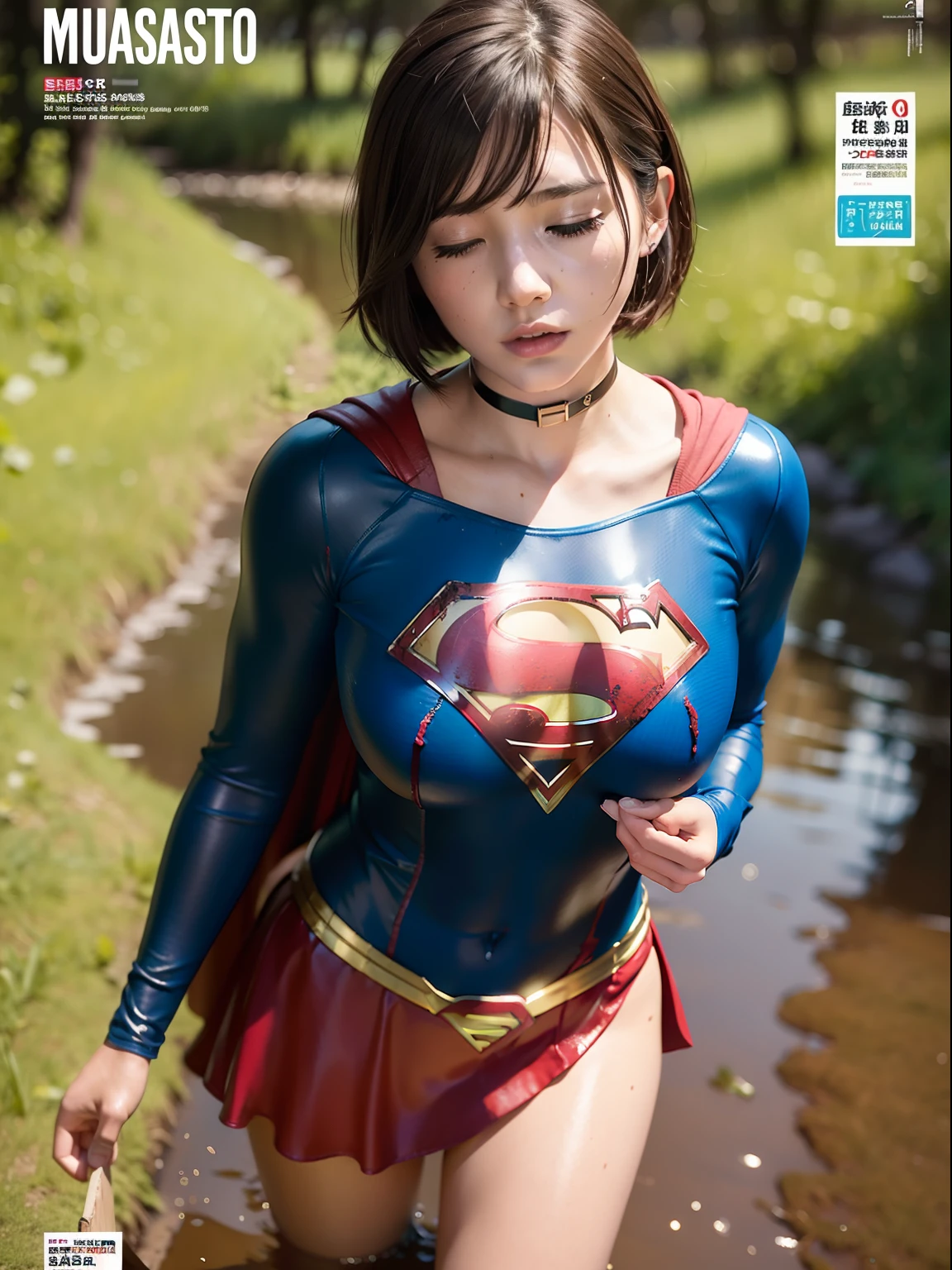 ​masterpiece、Short-haired Supergirl sleeping in a swamp、large full breasts、a choker、Looking at the camera、Glossy costume、Crotch、wounded、Mud stains、Covered with clay、Exhausted、Weekly magazine cover、masturbation、cum on、a miniskirt