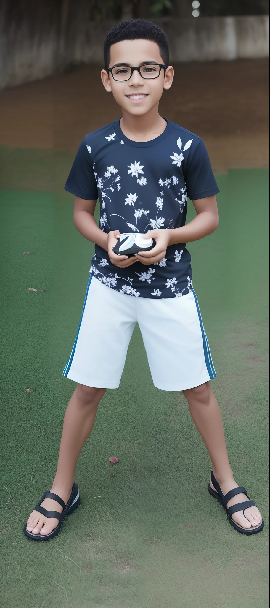 There's a boy standing on the grass with a frisbee, Retrato no meio da foto, foto de retrato de corpo inteiro, pele bronzeada uma camiseta e shorts, vestindo bermuda e camiseta, adolescente negro, com uma pose cool, de bermuda, Jovem com short, Retrato de corpo inteiro, Tirada com uma Canon EOS 5D, candid portrait, Tirado com uma Canon EOS 5 D