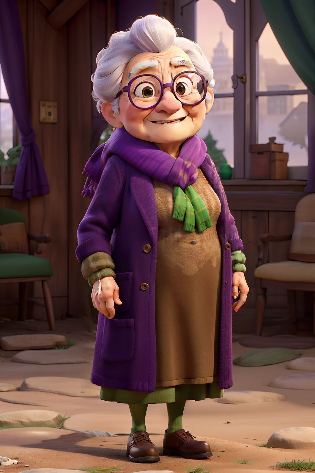 masterpiece, best quality, an old woman with glasses and a scarf on, wearing a purple coat and green scarf, standing at the park