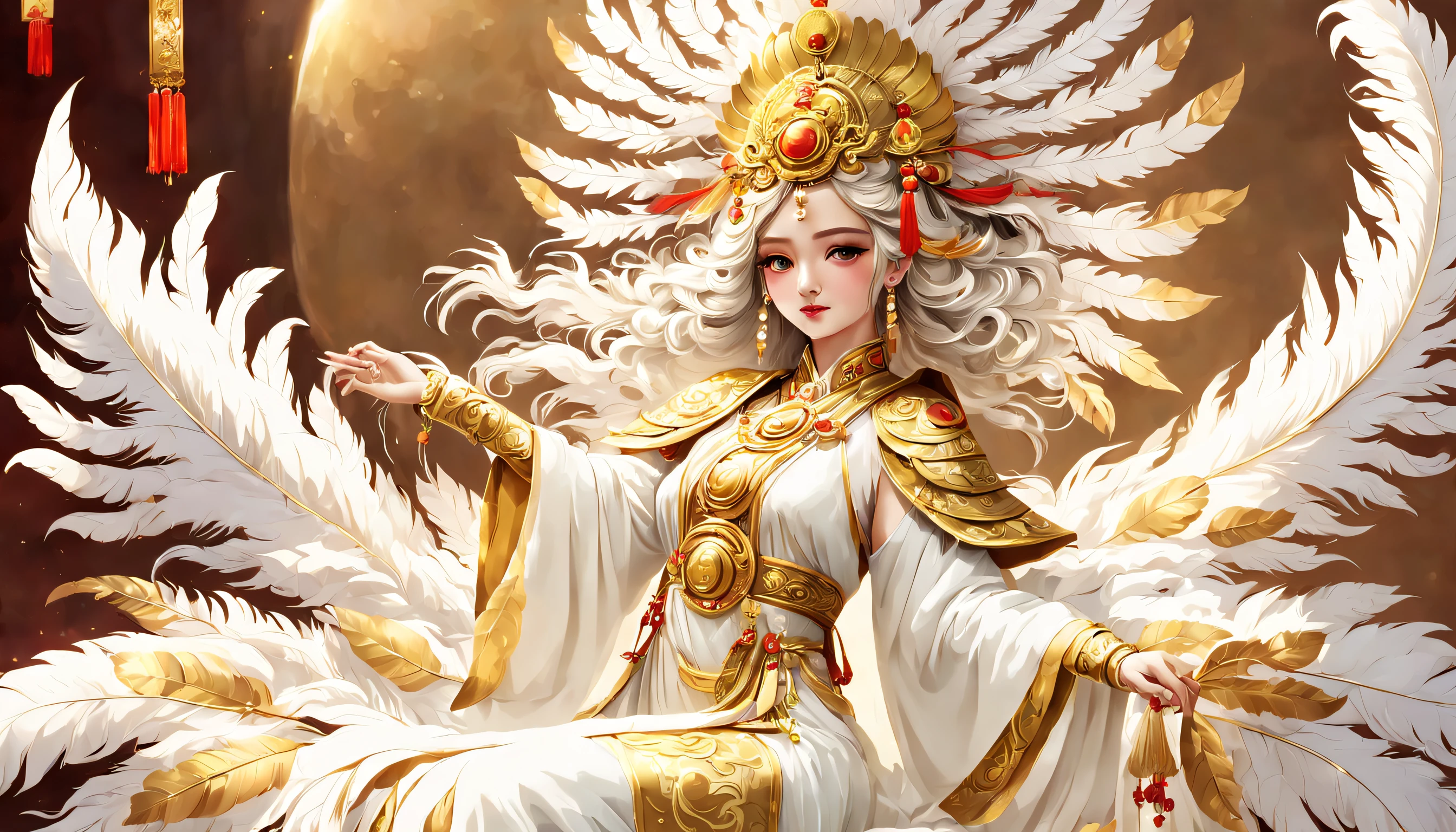 Daughter of the sun god，White period costume，Gold feather decoration，Lovely and beautiful，Chinese ancient style，mito