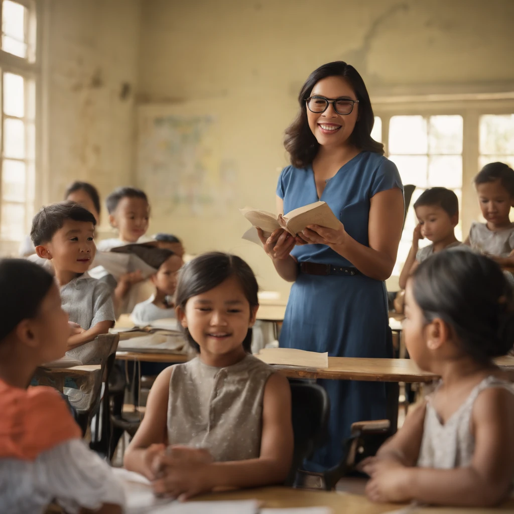 concept art Filipina teacher teaching children how to read A B C D