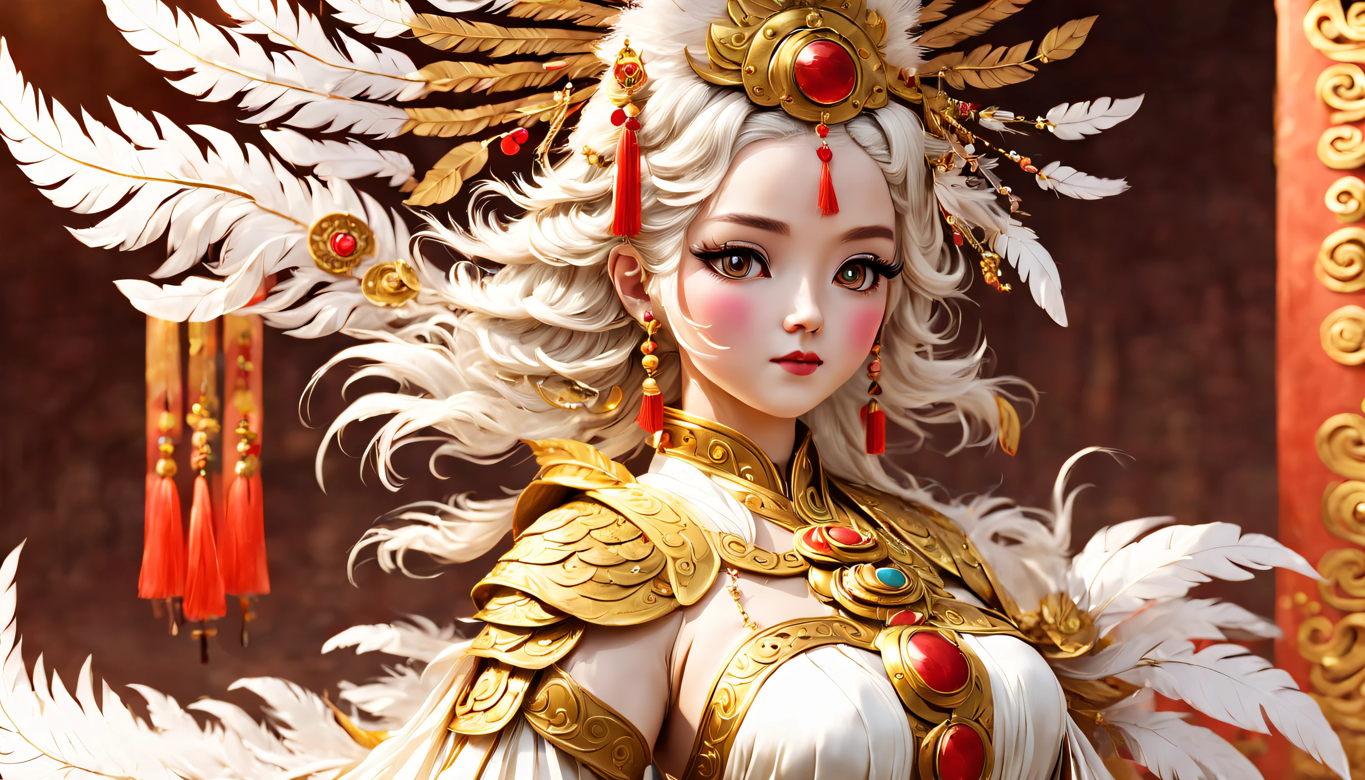 Daughter of the sun god，White period costume，Gold feather decoration，Lovely and beautiful，Chinese ancient style，mito