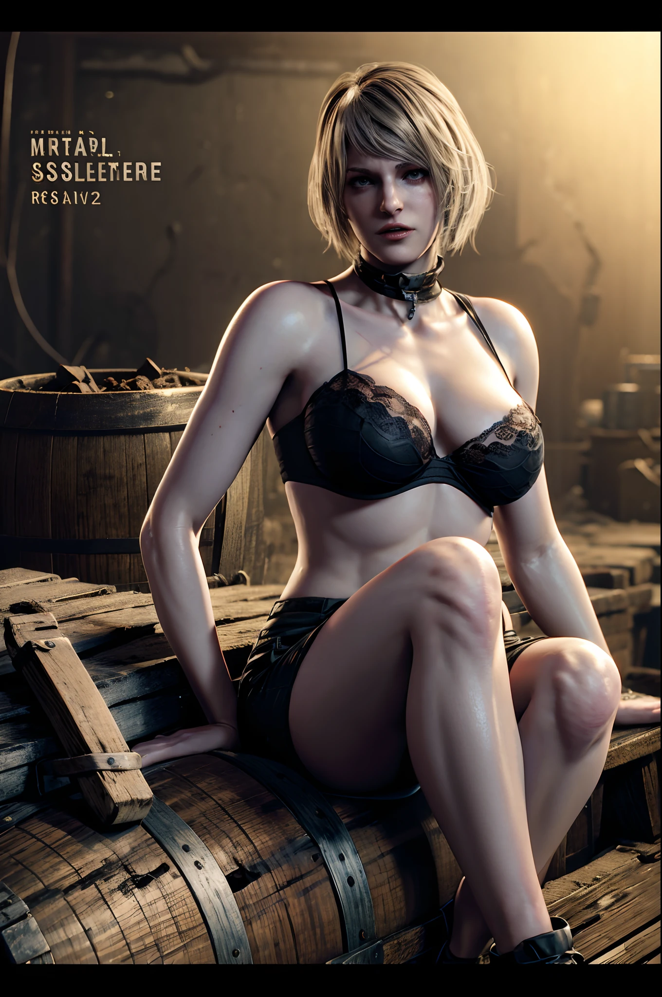 There's a woman sitting at a wine barrel in a room, Ashley de Resident Evil, Ashley, Personaje femenino, Ashley Graham, personaje principal femenino, Resident Evil, Cabello rubio corto, collar, , piernas abiertas, tetas, Ultra-realistic 8k photo Octan, Cinematic pose with style, Metal Gear Solid V silencioso, 2b, 2 b, high resolution scan