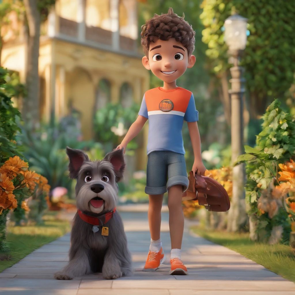 Lucas is a smiling -yeld hu boy, com seu fiel amigo, Bolt, o cachorro schnauzer, deitados no jardim