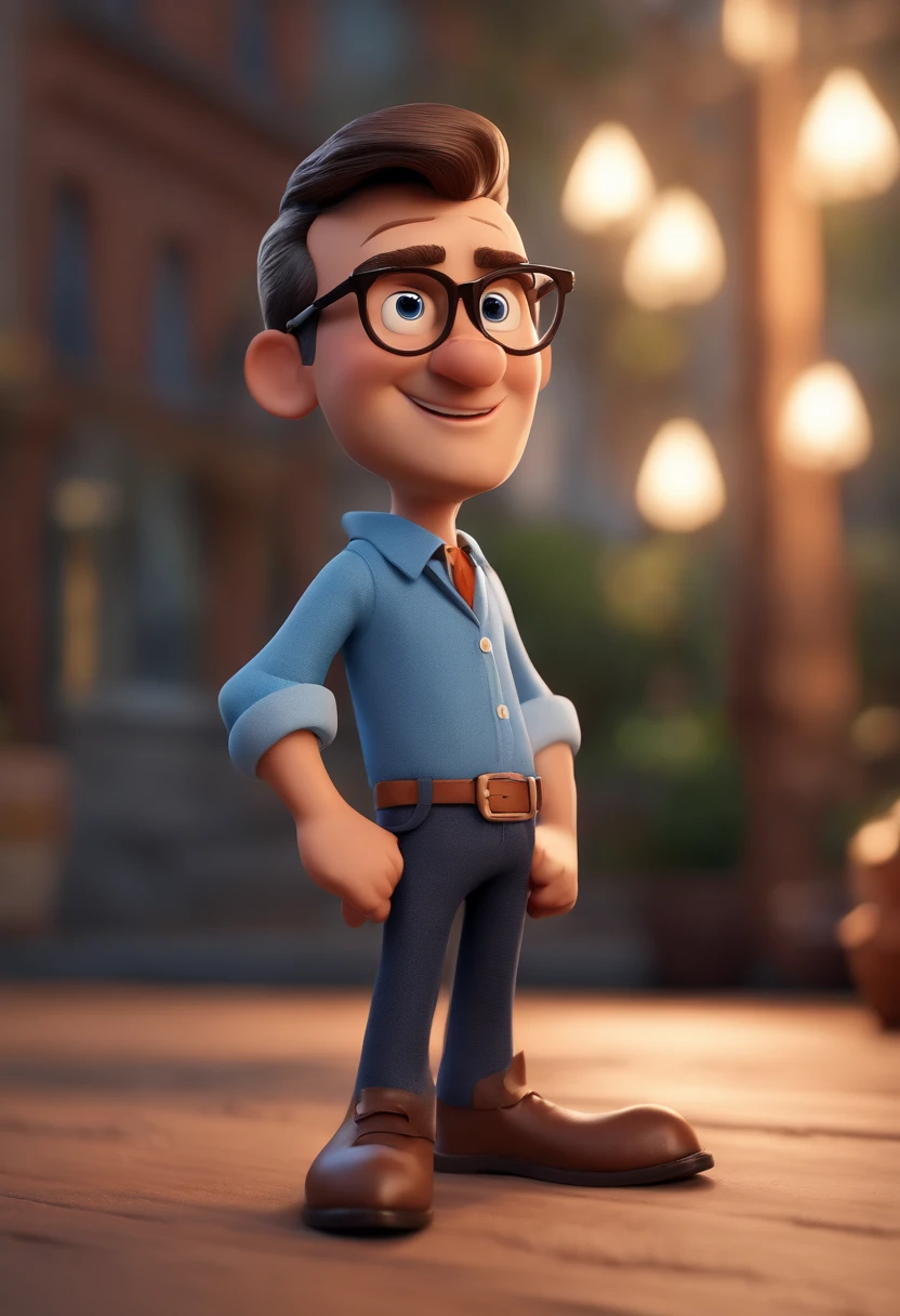Cartoon character of a man with black glasses and a blue shirt, animation character, Caractere estilizado, animation style rendering, 3D estilizado, Arnold Maya render, 3 d render stylized, toon render keyshot, Personagem 3D, Personagem 3D, 3d rendering stylized, 3 d character render, personagem de desenho animado, Personagem de close up, Pose de personagem, (Estilo Pixar) (master part:1.2) (Bokeh) (best quality) (pele detalhada) (textura detalhada) (8k) (argila) (Cinematic lighting) (foco nítido
