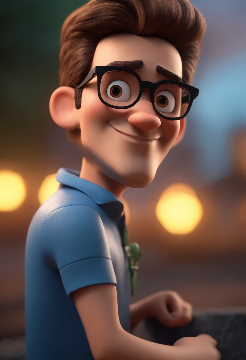 Cartoon character of a man with black glasses and a blue shirt, animation character, Caractere estilizado, animation style rendering, 3D estilizado, Arnold Maya render, 3 d render stylized, toon render keyshot, Personagem 3D, Personagem 3D, 3d rendering stylized, 3 d character render, personagem de desenho animado, Personagem de close up, Pose de personagem,  (Estilo Pixar) (master part:1.2) (Bokeh) (best quality) (pele detalhada) (textura detalhada) (8k) (argila) (Cinematic lighting) (foco nítido