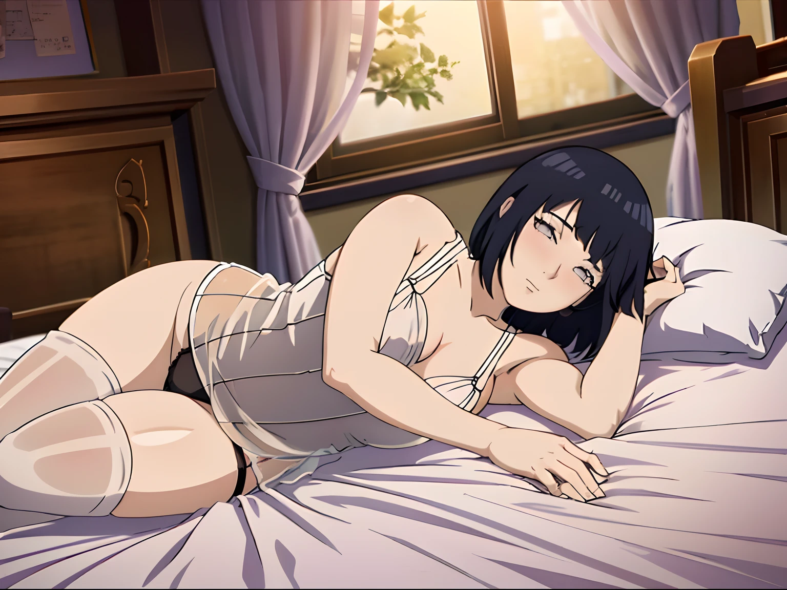Pure white soft silk dress,Girl,Lie down in bed,elegant seducing pose,Smooth translucent white skin,Black stockings,Show off your thighs,Be red in the face,Blush 1.5,Black color hair,short detailed hair,