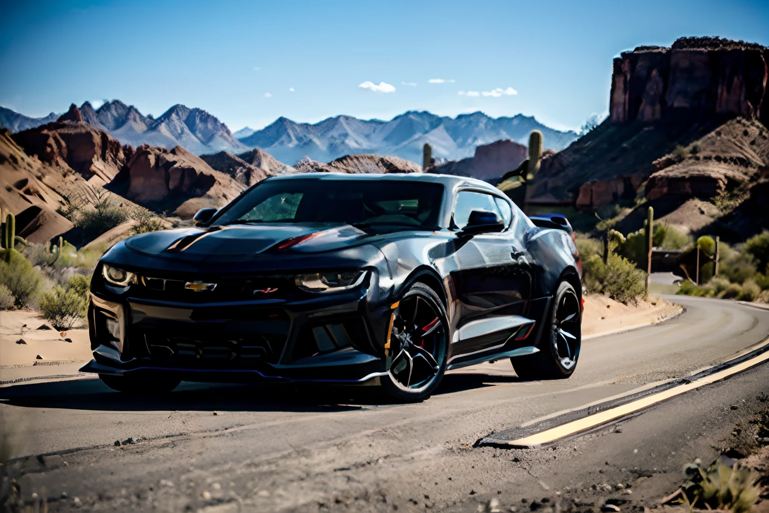 Masterpiece, best quality, 4k, automobile, black 2024 Chevrolet Camaro ZL1, Arizona desert backdrop, 3/4 view, cowboy shot, solo, single