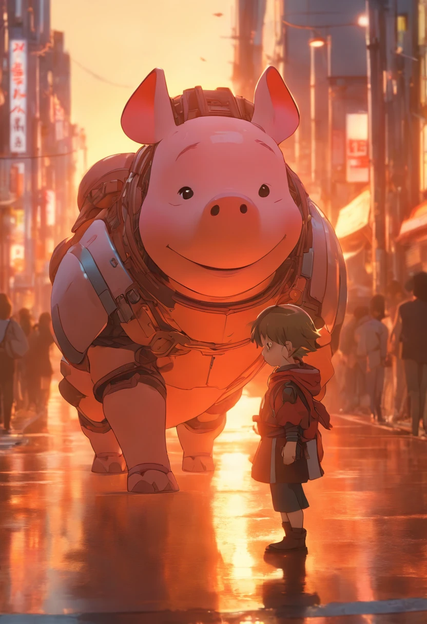 A piglet in armor and a girl on the street, City Street Sunset, Movie Lighting, filmagem AR 9:16 -N 6-G, Japonisme 3 D 8 K hiper-detalhado, vista realista da rua, octane rendering. autor: Makoto Shinkai, Luzes da tarde realistas, Akihiko Yoshida. Motor irreal, estilo anime. 8k