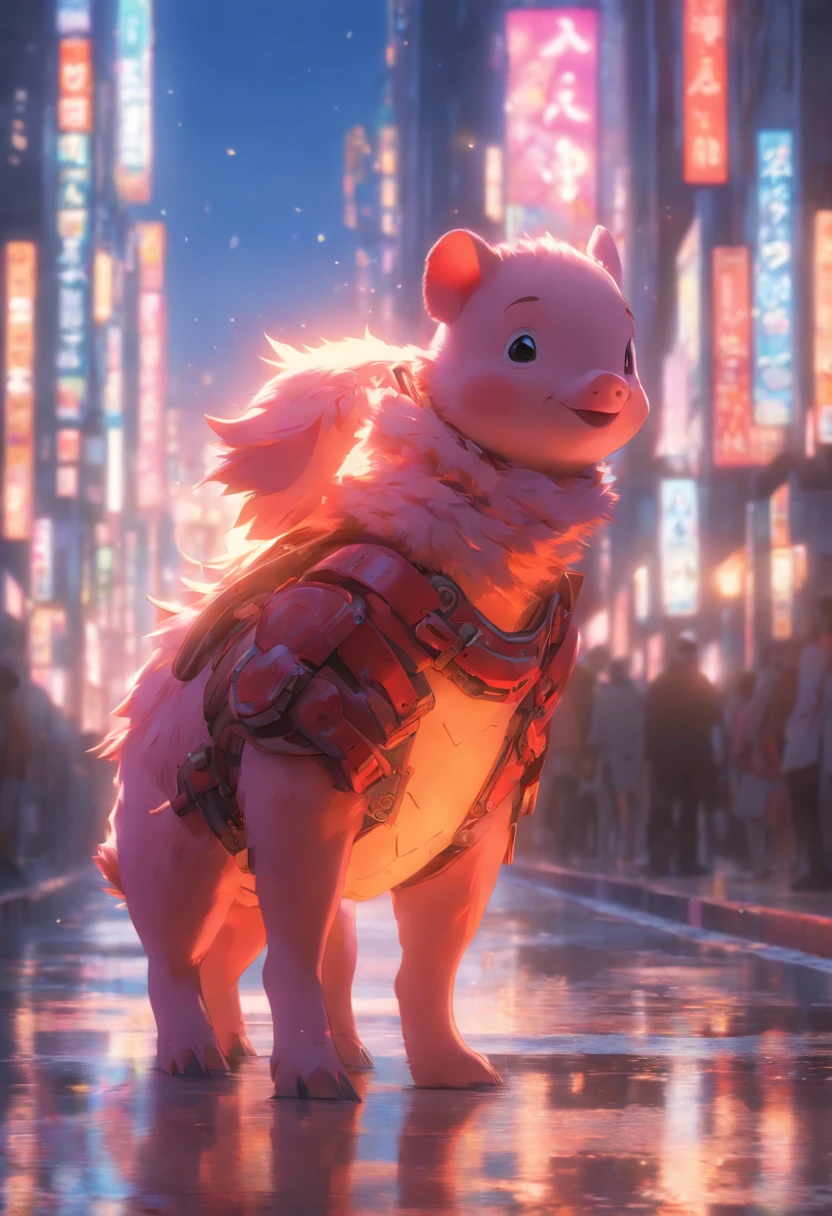 A piglet in armor and a girl on the street, City Street Sunset, Movie Lighting, filmagem AR 9:16 -N 6-G, Japonisme 3 D 8 K hiper-detalhado, vista realista da rua, octane rendering. autor: Makoto Shinkai, Luzes da tarde realistas, Akihiko Yoshida. Motor irreal, estilo anime. 8k