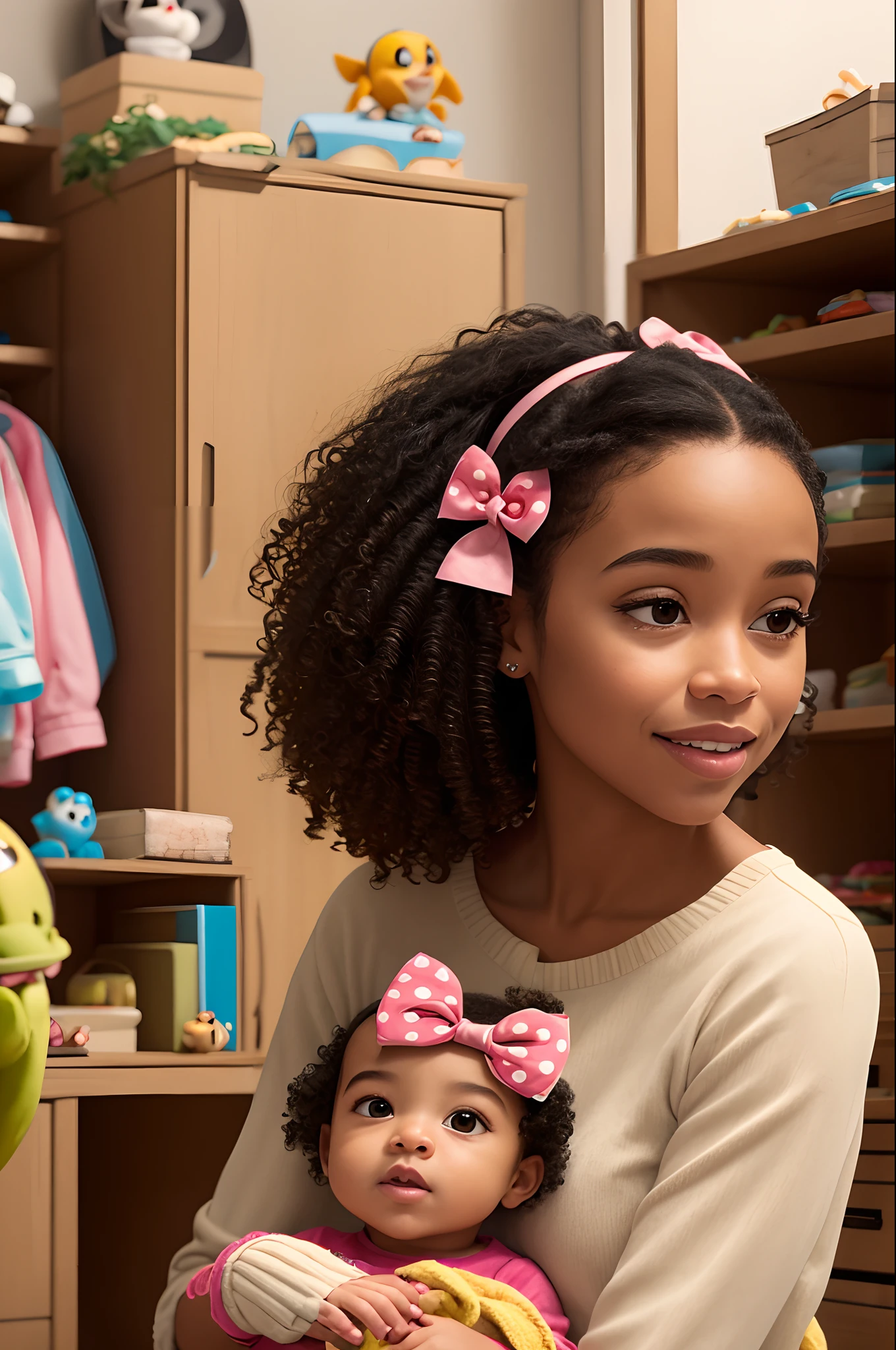 3d style disney pixar black girl 
Skinny young tall curly hair brown eyes in a bow and ribbon atelier with her  in clothes written Bianca's Bows