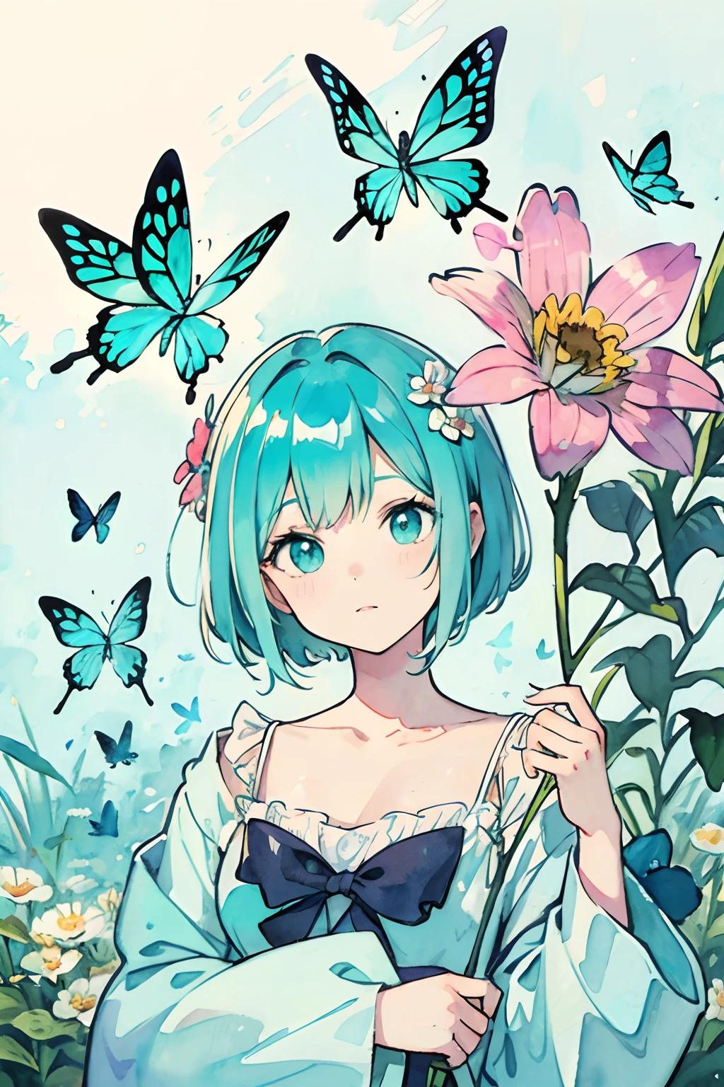 Painting in watercolor of flowers with ((cyan:1.2)) butterflies, #00FFFF