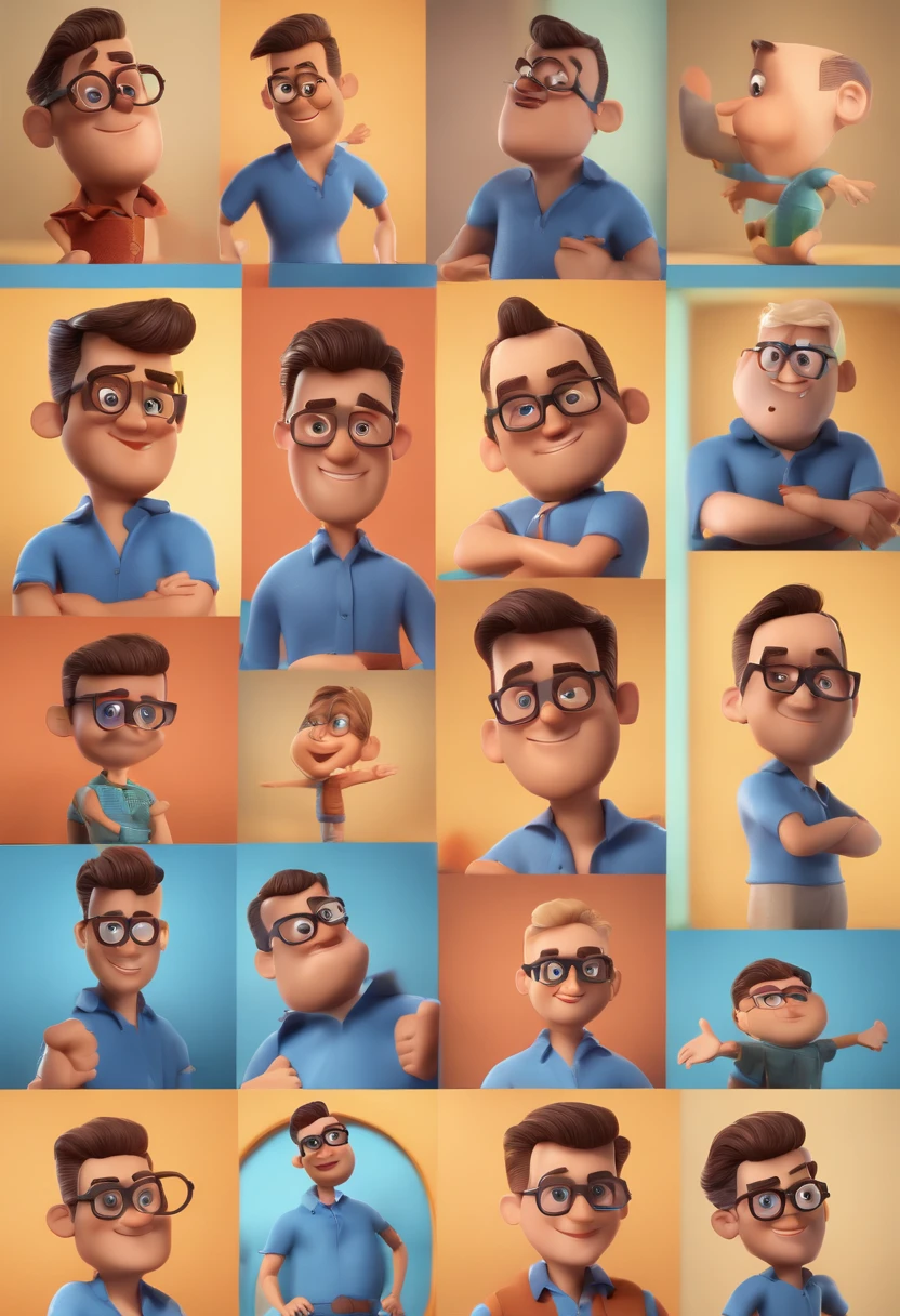 Cartoon character of a man with black glasses and a blue shirt, animation character, Caractere estilizado, animation style rendering, 3D estilizado, Arnold Maya render, 3 d render stylized, toon render keyshot, Personagem 3D, Personagem 3D, 3d rendering stylized, 3 d character render, personagem de desenho animado, Personagem de close up, Pose de personagem,  (Estilo Pixar) (master part:1.2) (Bokeh) (best quality) (pele detalhada) (textura detalhada) (8k) (argila) (Cinematic lighting) (foco nítido