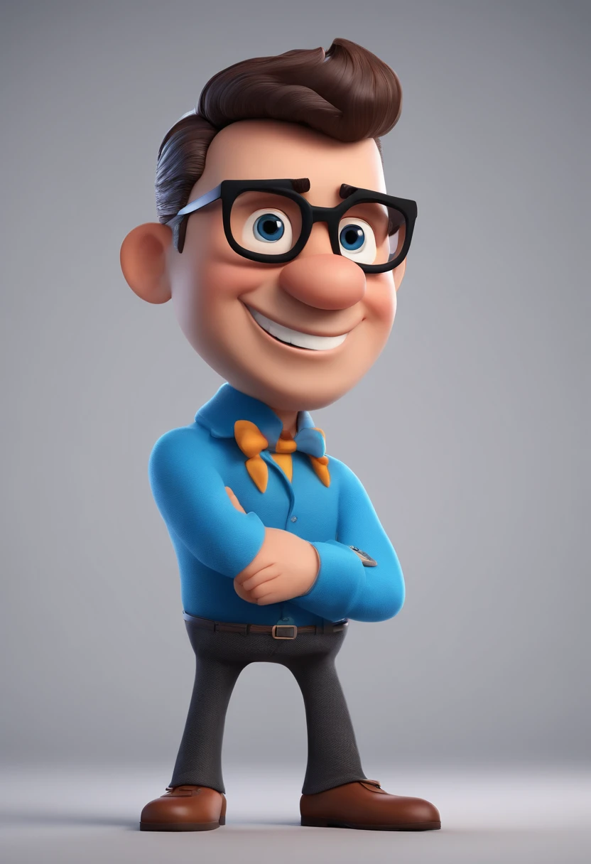 Cartoon character of a man with black glasses and a blue shirt, animation character, Caractere estilizado, animation style rendering, 3D estilizado, Arnold Maya render, 3 d render stylized, toon render keyshot, Personagem 3D, Personagem 3D, 3d rendering stylized, 3 d character render, personagem de desenho animado, Personagem de close up, Pose de personagem,  (Estilo Pixar) (master part:1.2) (Bokeh) (best quality) (pele detalhada) (textura detalhada) (8k) (argila) (Cinematic lighting) (foco nítido