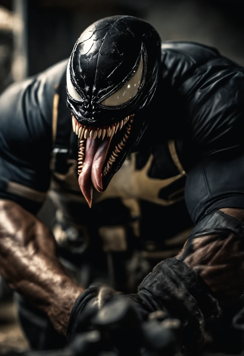 Venom working as a construction worker, hyper detailed, intricate detail, crystal clear image