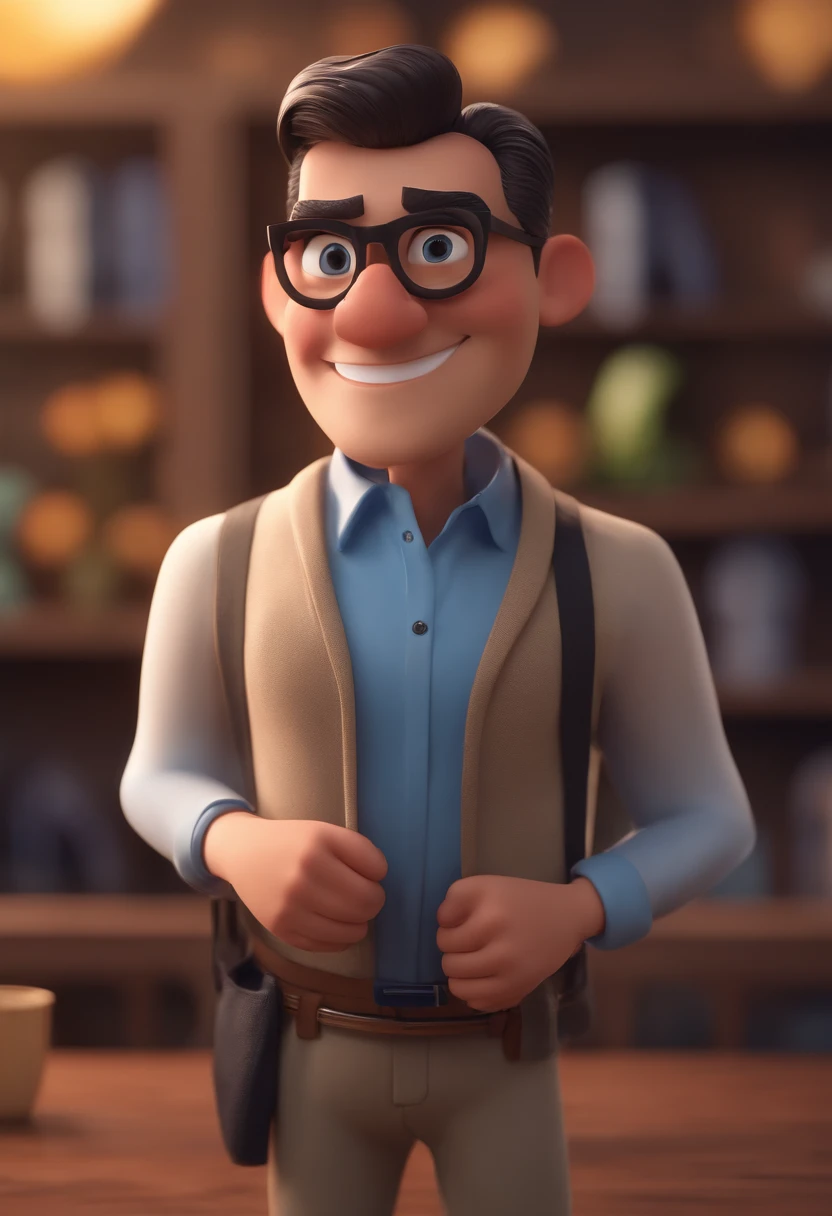Cartoon character of a man with black glasses and a blue shirt, animation character, Caractere estilizado, animation style rendering, 3D estilizado, Arnold Maya render, 3 d render stylized, toon render keyshot, Personagem 3D, Personagem 3D, 3d rendering stylized, 3 d character render, personagem de desenho animado, Personagem de close up, Pose de personagem,  (Estilo Pixar) (master part:1.2) (Bokeh) (best quality) (pele detalhada) (textura detalhada) (8k) (argila) (Cinematic lighting) (foco nítido