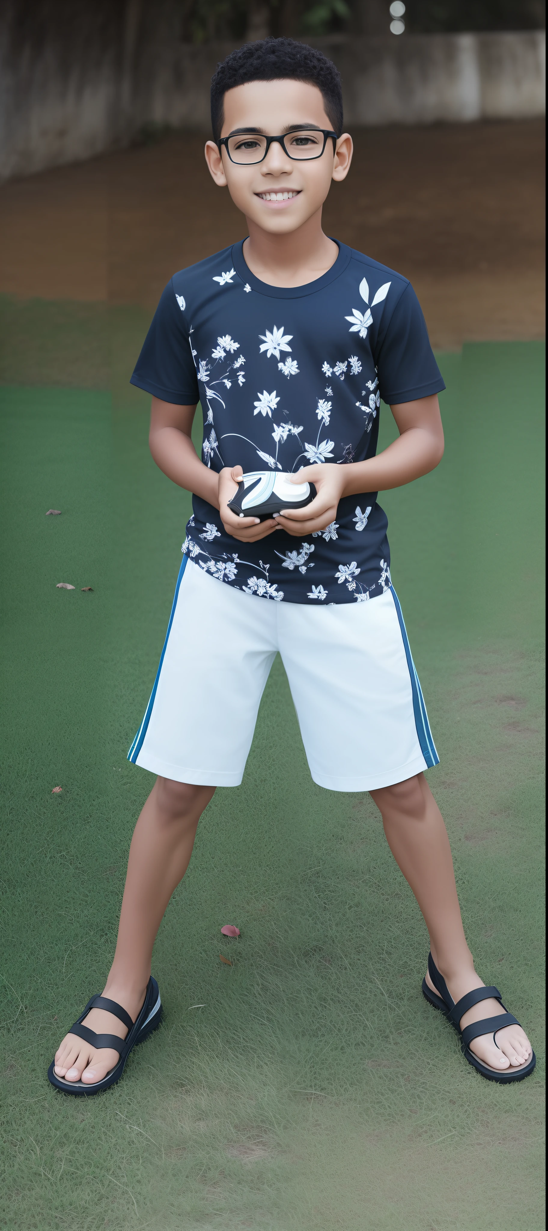 There's a boy standing on the grass with a frisbee, Retrato no meio da foto, foto de retrato de corpo inteiro, pele bronzeada uma camiseta e shorts, vestindo bermuda e camiseta, adolescente negro, com uma pose cool, de bermuda, Jovem com short, Retrato de corpo inteiro, Tirada com uma Canon EOS 5D, candid portrait, Tirado com uma Canon EOS 5 D