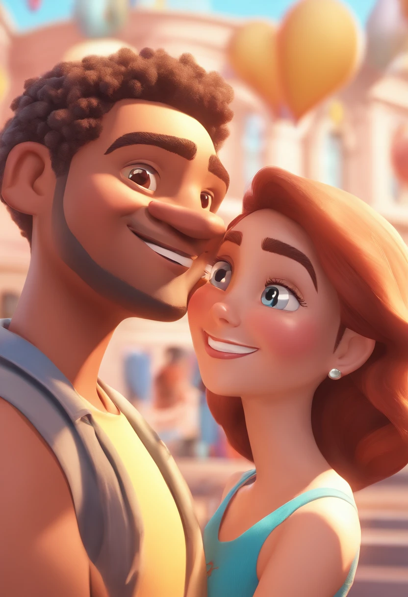 An illustration of an adorable couple, Destaque para um homem negro, The smiling bearded bald head and a brunette woman with beautiful expressive eyes - the man's skin is black and the man's is hairless , while the woman's skin is black and the woman's hair is wavy and brown. They are a bright room, cada um com um sorriso no rosto, e compartilhar um momento especial caracterizado pelo amor, Insights. Illustrate this scene from a perspective where they are facing the camera, Smiling and Showing Your Connection. Desenvolva esta arte em Full HD, Focus on your cinematic touch, Estilo Disney Pixar Animations