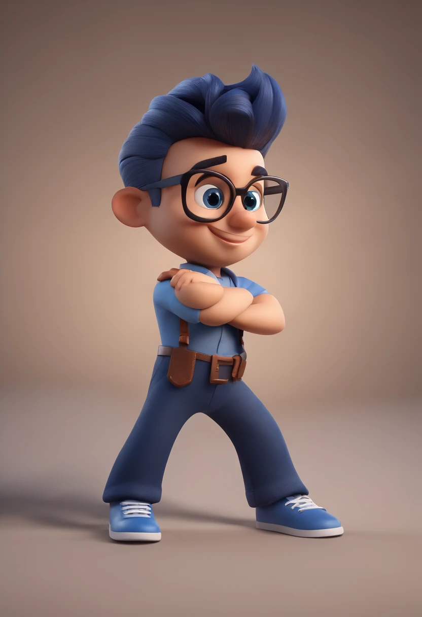 Cartoon character of a man wearing black glasses and a blue shirt, um personagem animado, Caractere estilizado, animation style rendering, 3D estilizado, Arnold Maya render, 3 d render stylized, toon render keyshot, Personagem 3D, Personagem 3D, 3d rendering stylized, 3 d character render, personagem de desenho animado, Personagem de close up, Pose de personagem, (Estilo Pixar) (master part:1.2) (Bokeh) (best quality) (pele detalhada) (textura detalhada) (8k) (argila) (Cinematic lighting) (foco nítido，Senta e vaza a parte superior do corpo
