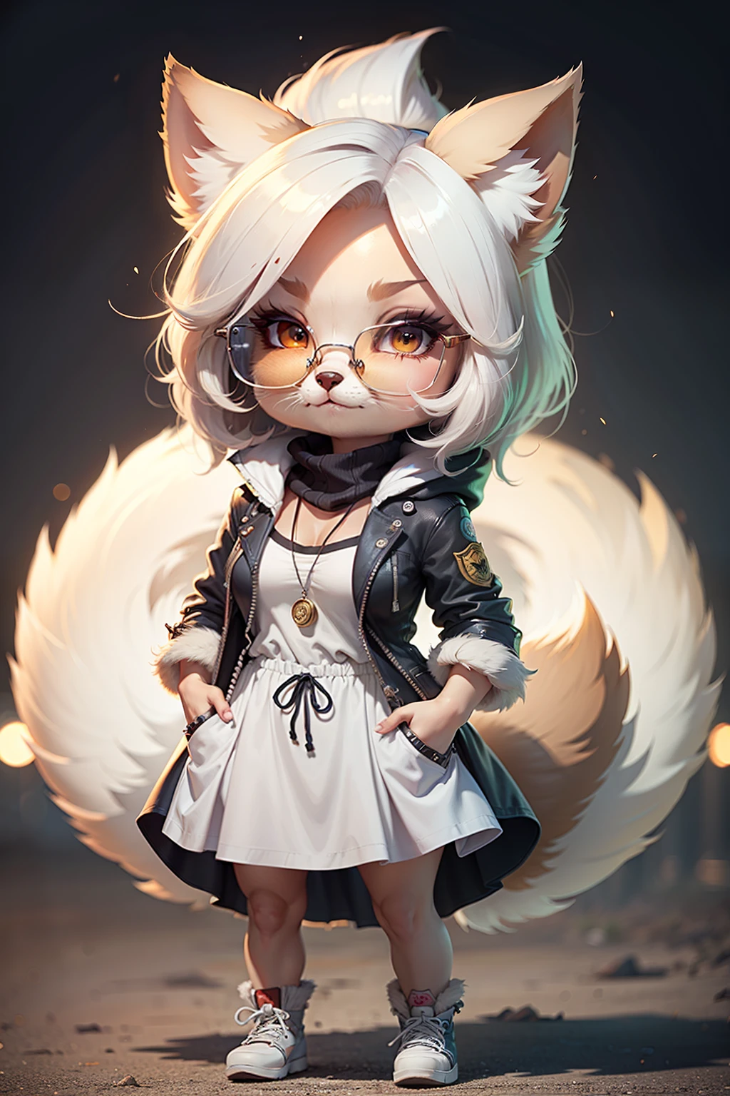 C4tt4stic, Cartoon cute white nine tail fox in dress skirt, Beautiful breasts,Sunglasses,